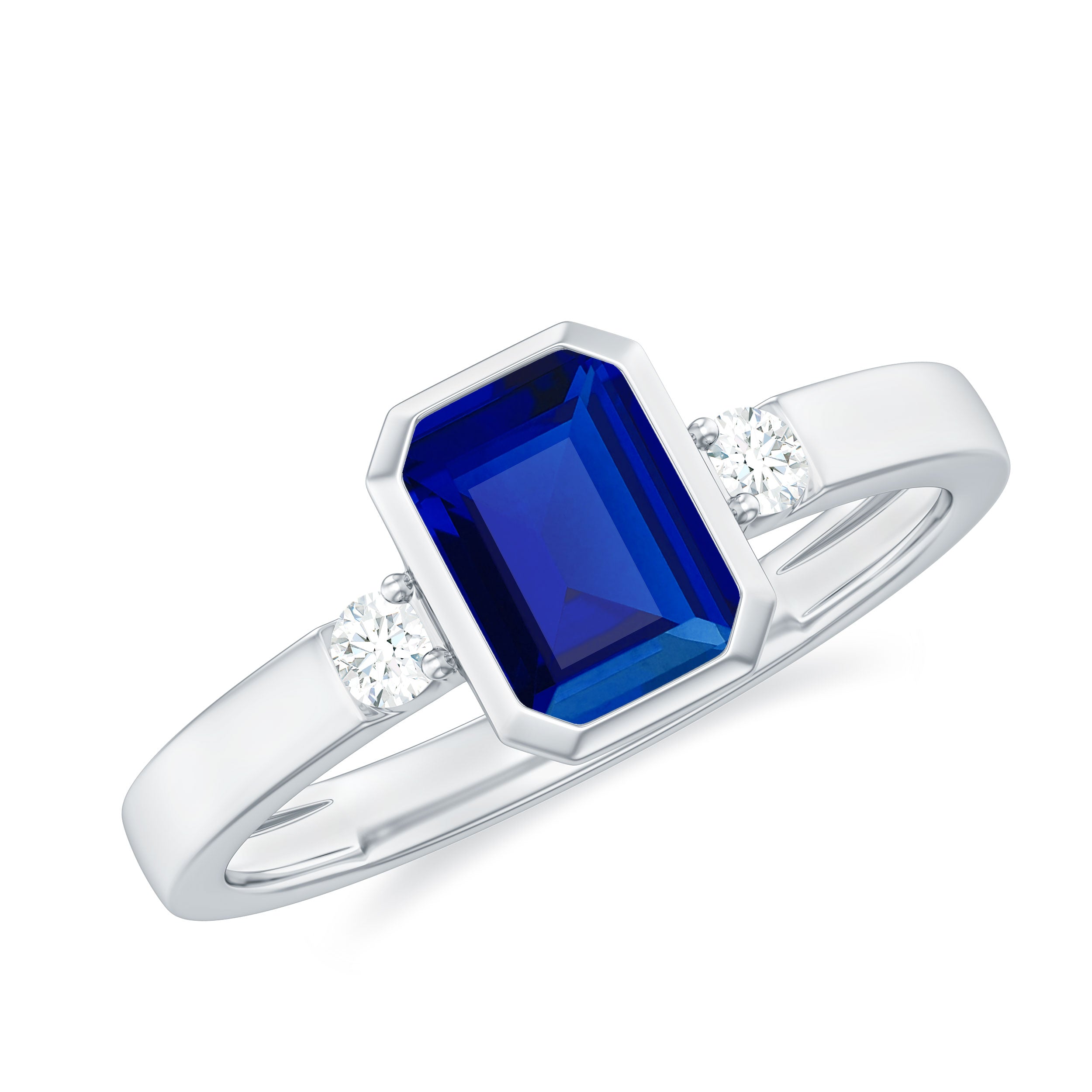 Bezel Set Octagon Cut Created Blue Sapphire Engagement Ring with Diamond Lab Created Blue Sapphire - ( AAAA ) - Quality - Rosec Jewels