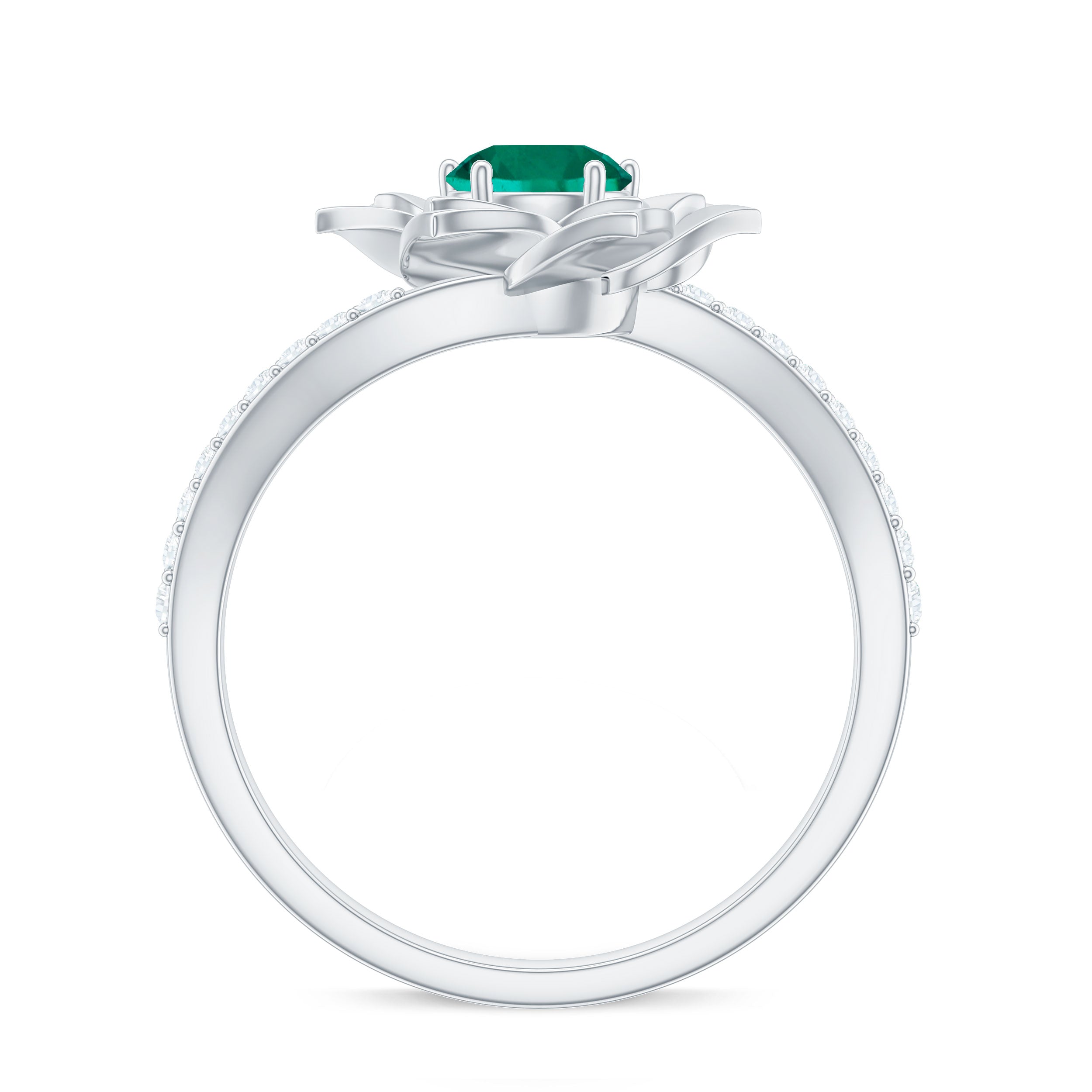 Created Emerald and Diamond Flower Engagement Ring with Bypass Shank Lab Created Emerald - ( AAAA ) - Quality - Rosec Jewels