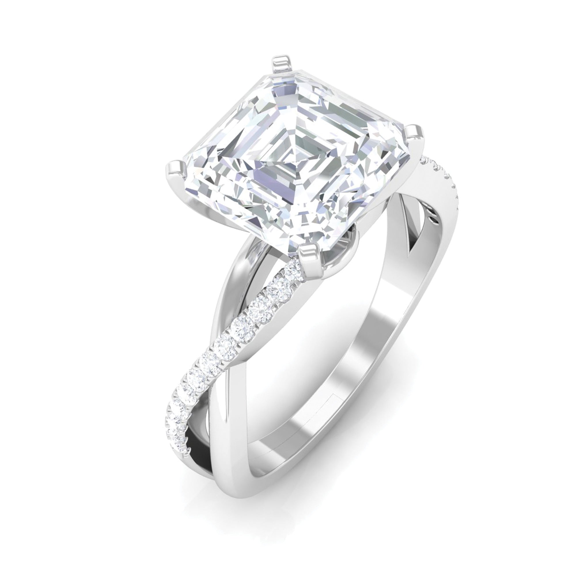 Asscher Cut Moissanite Solitaire Engagement Ring with Twisted Shank Moissanite - ( D-VS1 ) - Color and Clarity - Rosec Jewels