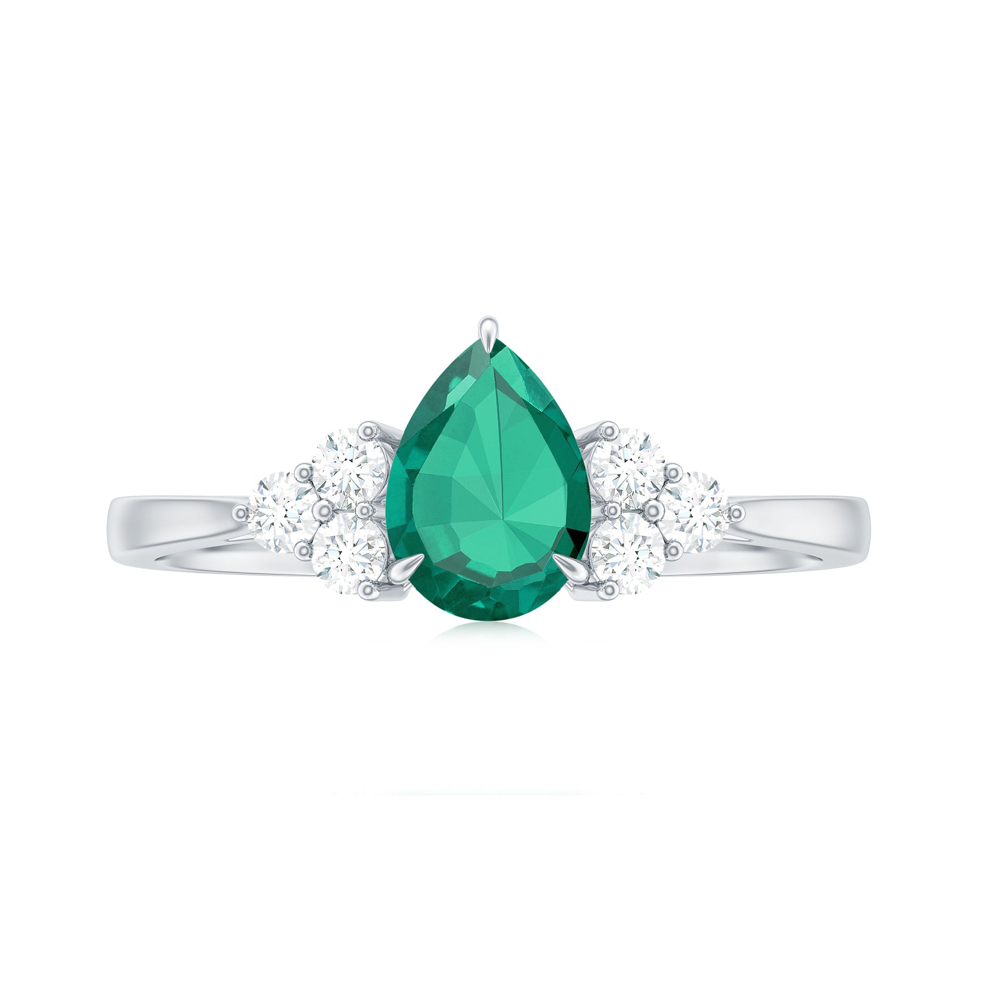 Pear Shaped Created Emerald Solitaire Engagement Ring with Diamond Trio Lab Created Emerald - ( AAAA ) - Quality - Rosec Jewels