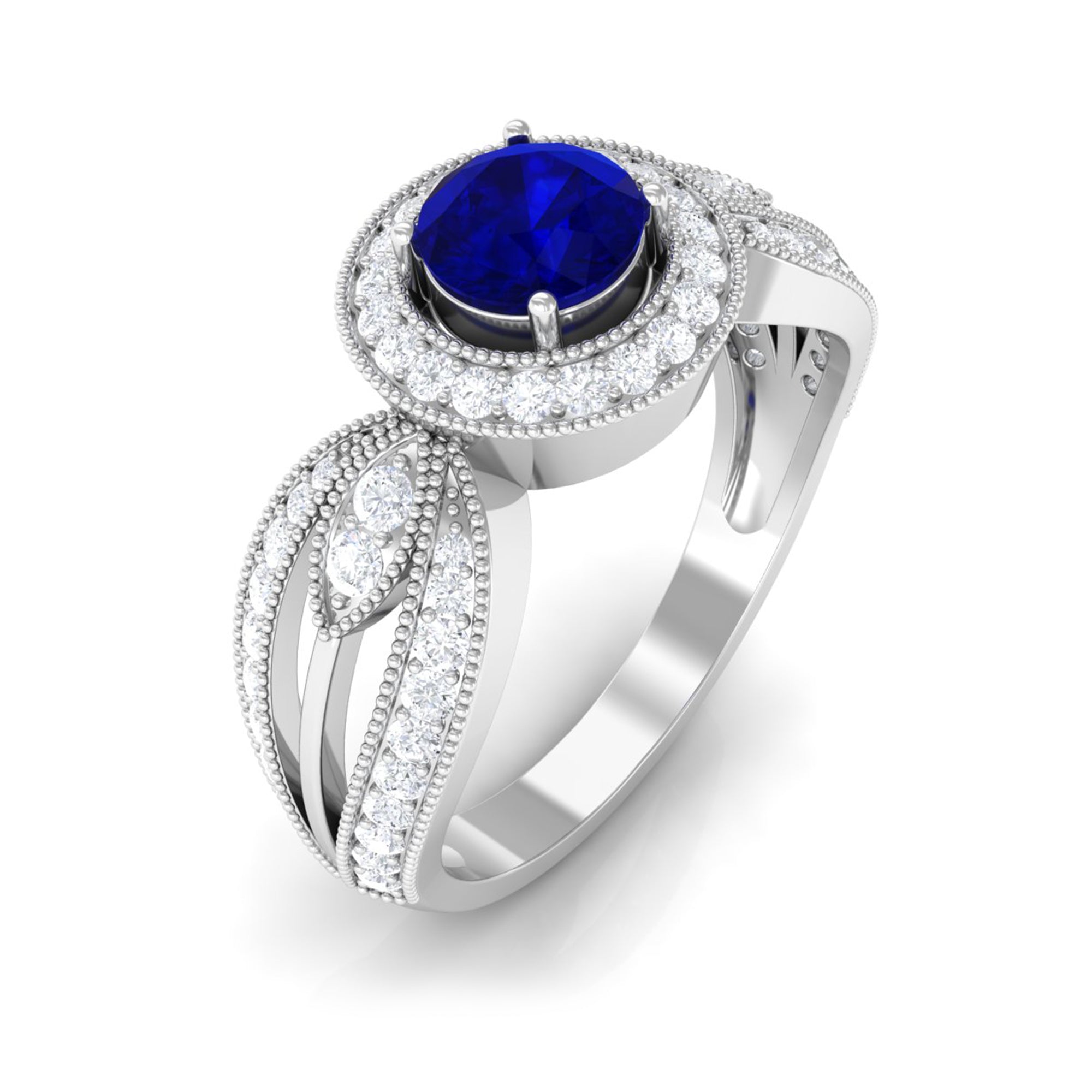 Vintage Inspired Blue Sapphire Engagement Ring with Diamond in Split Shank Blue Sapphire - ( AAA ) - Quality - Rosec Jewels