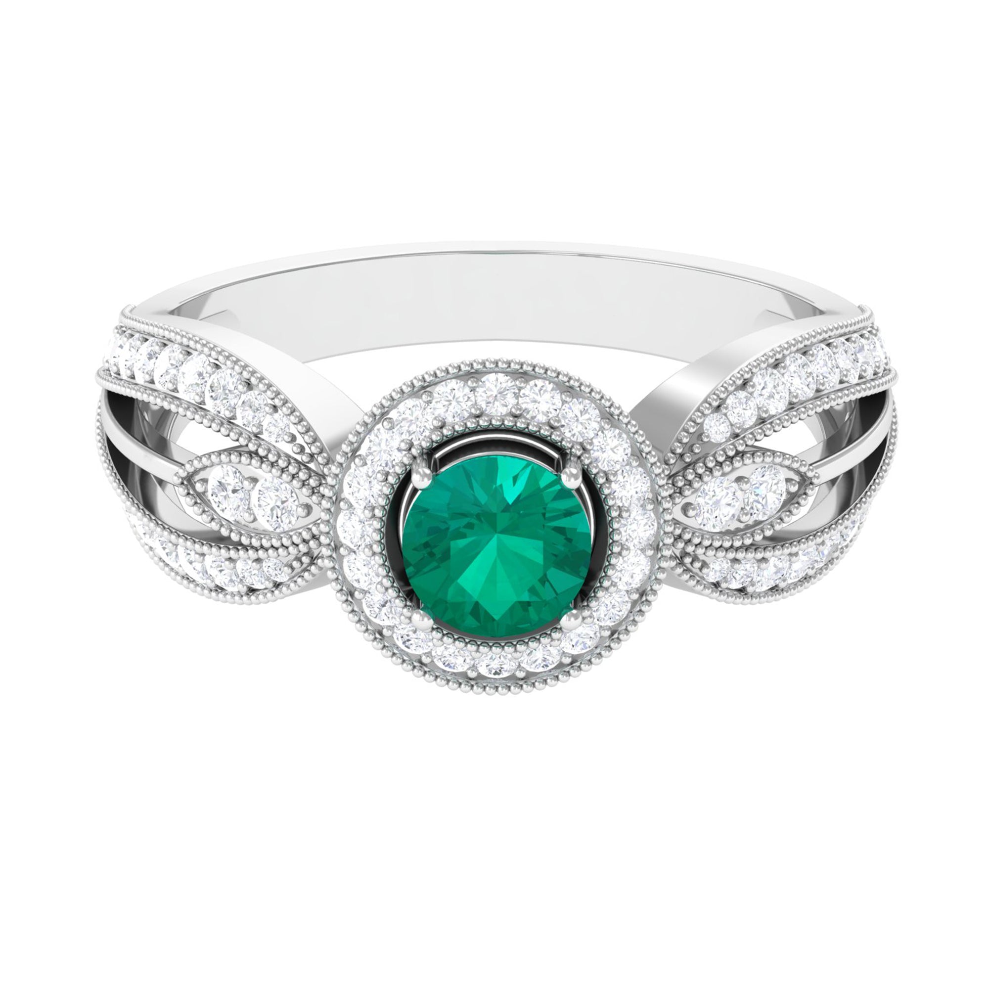 Vintage Inspired Emerald Engagement Ring with Diamond in Split Shank Emerald - ( AAA ) - Quality - Rosec Jewels