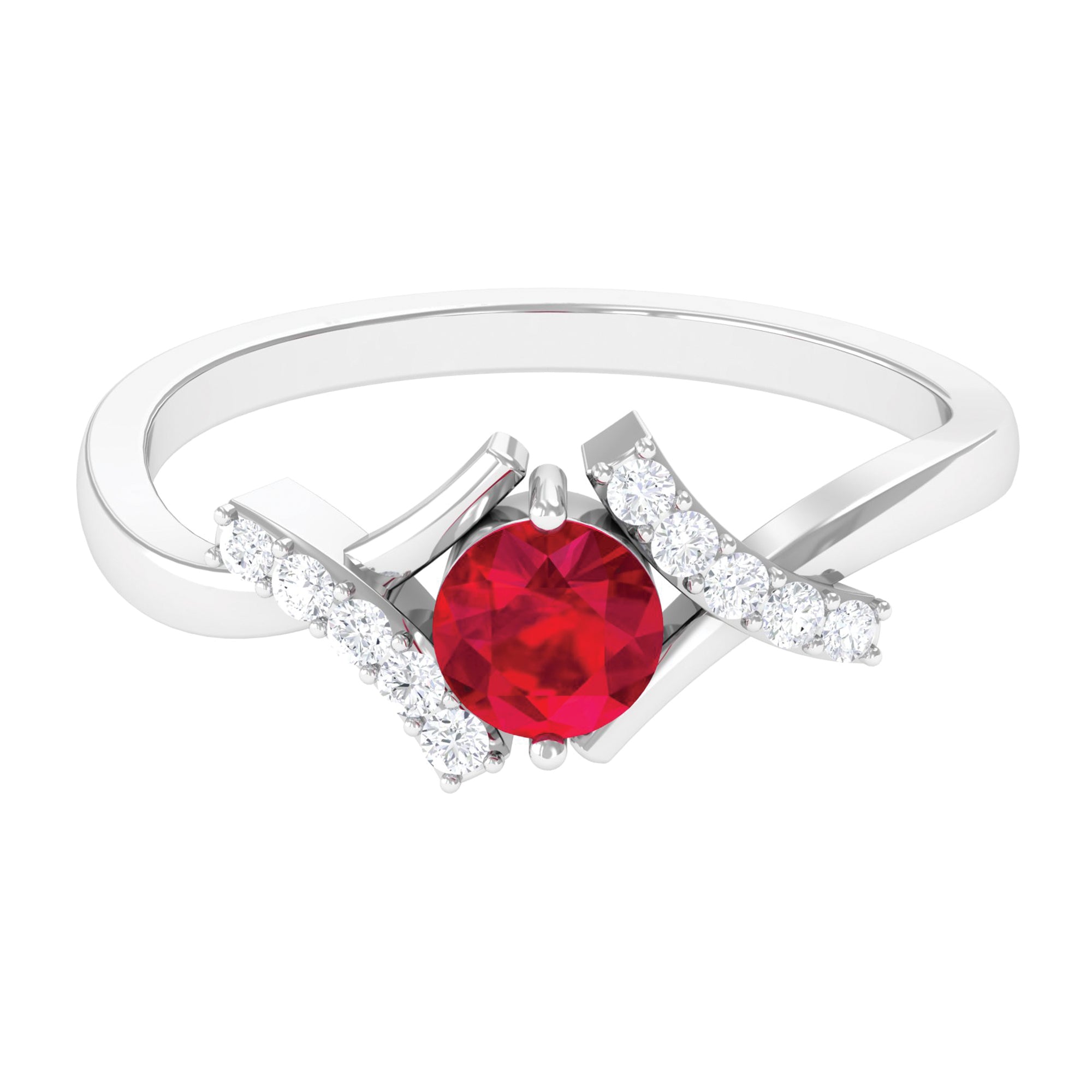 Solitaire Created Ruby Bypass Promise Ring with Diamond Accent Lab Created Ruby - ( AAAA ) - Quality - Rosec Jewels