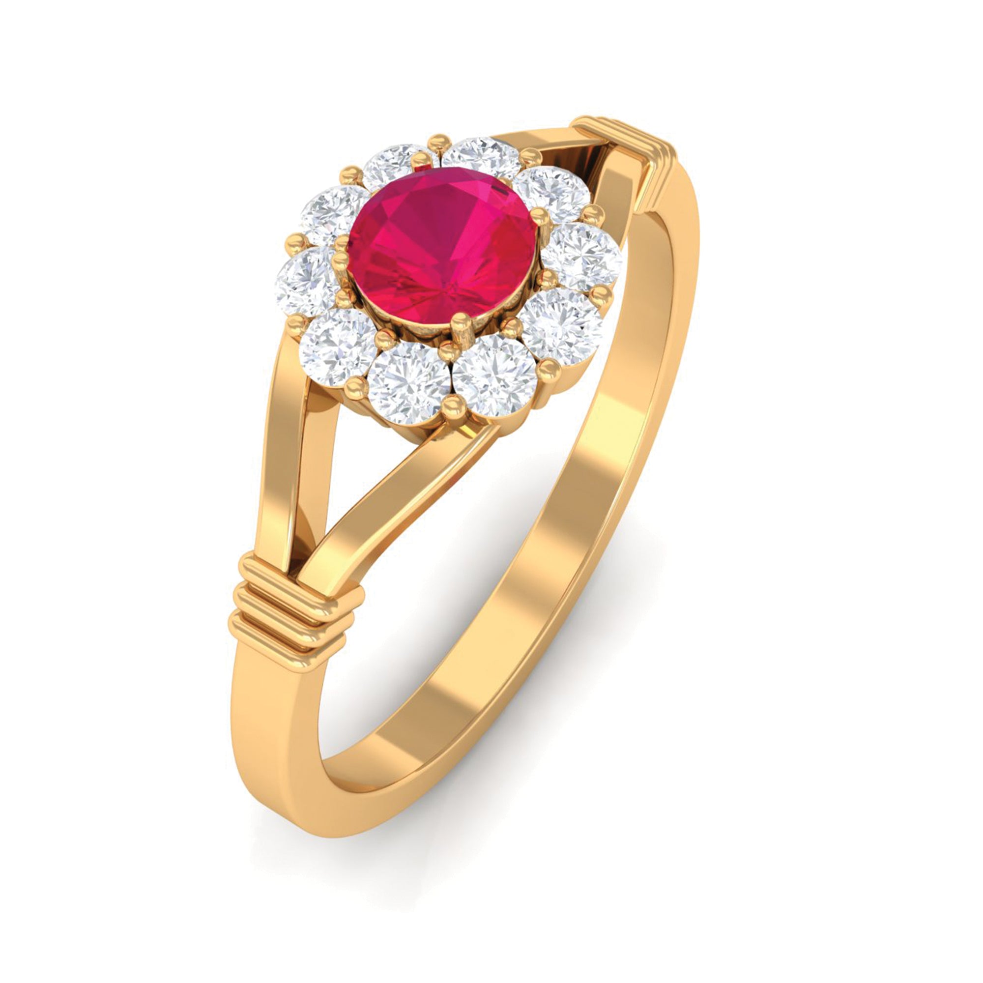 Split Shank Ruby and Diamond Halo Engagement Ring Ruby - ( AAA ) - Quality - Rosec Jewels