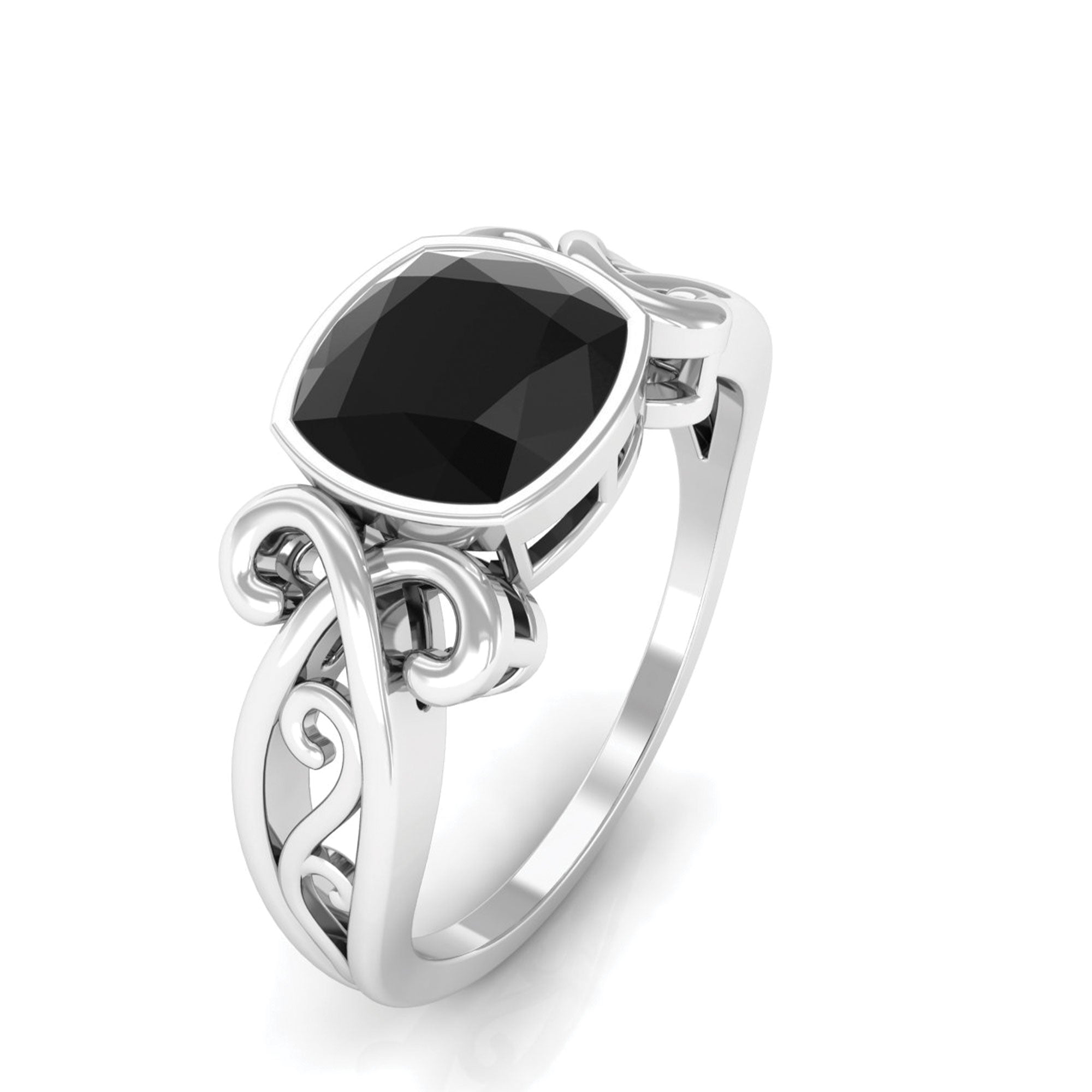 Vintage Style Cushion Black Onyx Solitaire Ring in Bezel Setting Black Onyx - ( AAA ) - Quality - Rosec Jewels