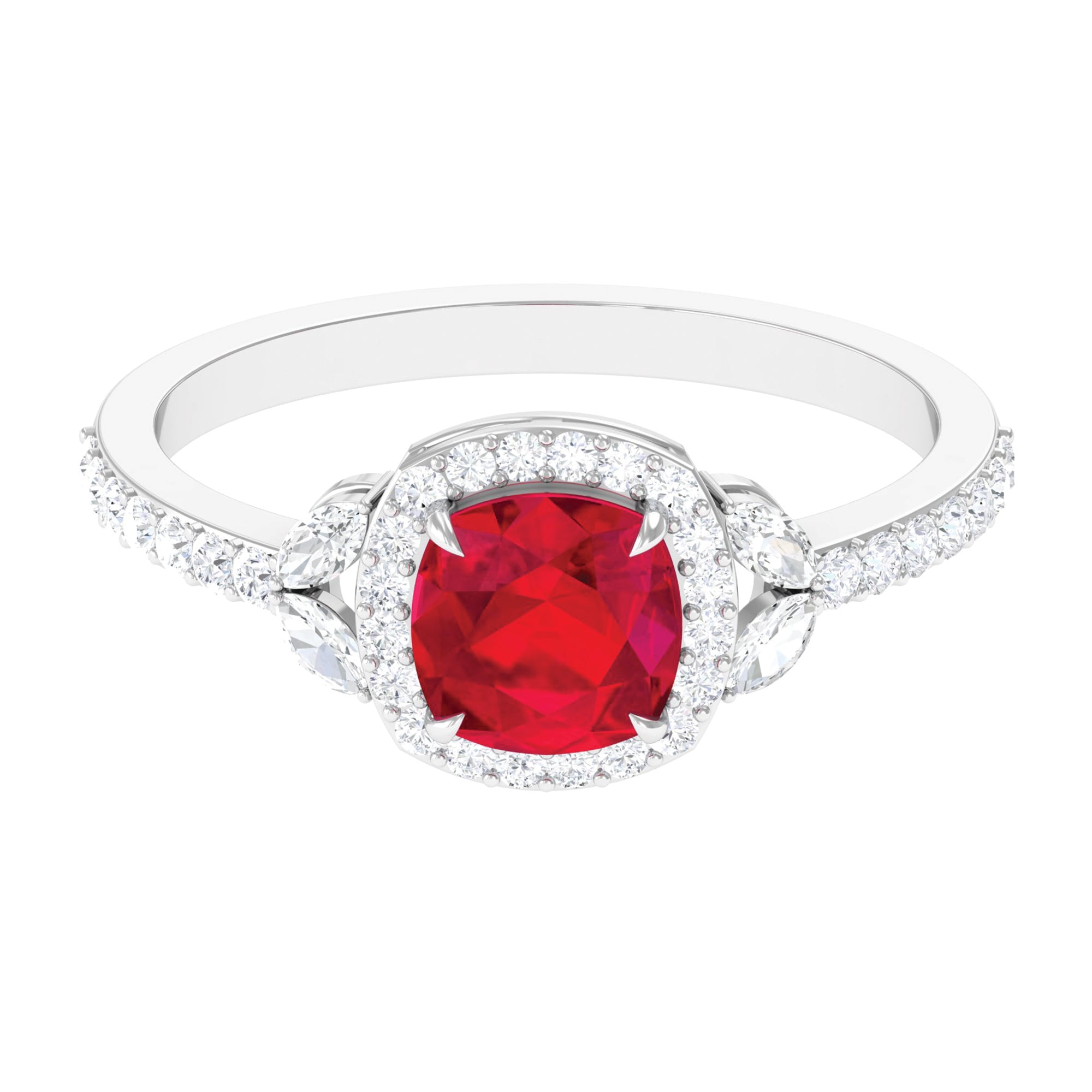 Cushion Cut Lab Grown Ruby Ring with Diamond Halo Lab Created Ruby - ( AAAA ) - Quality - Rosec Jewels