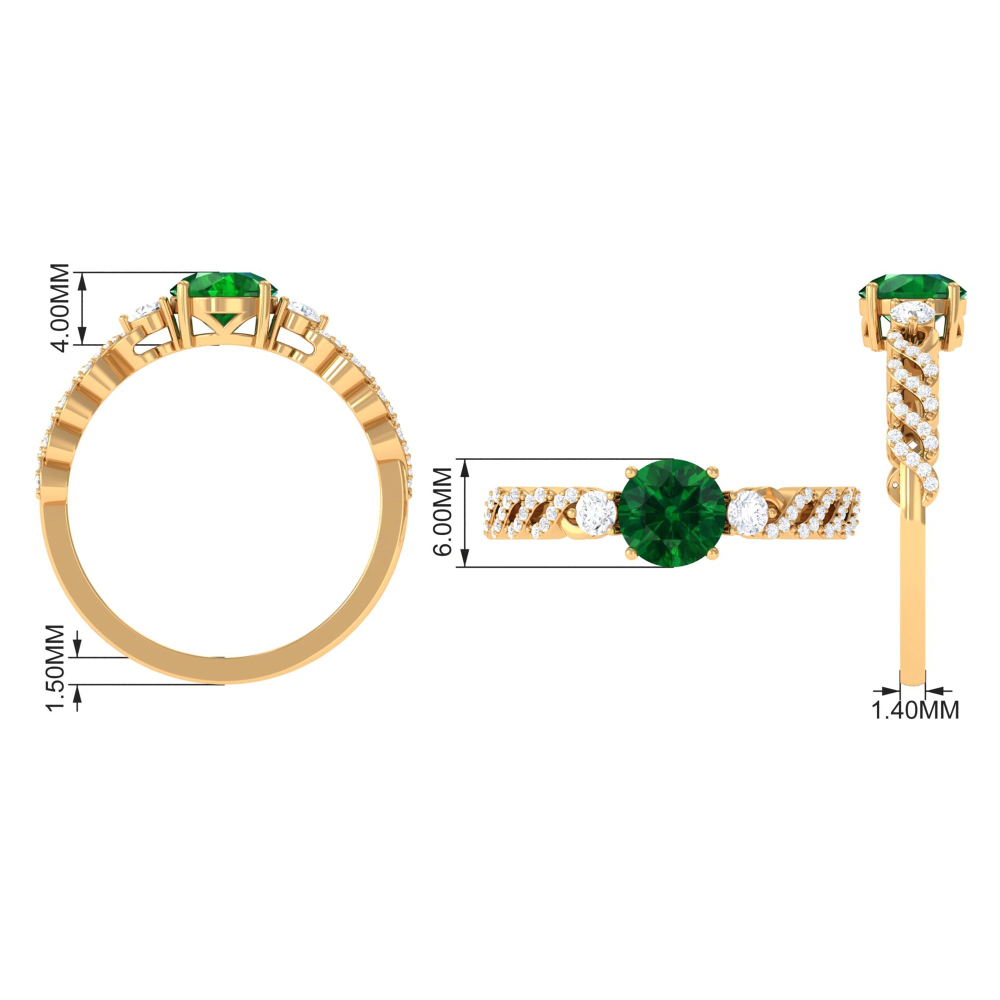 Round Shape Created Emerald Designer Engagement Ring with Diamond Side Stones Lab Created Emerald - ( AAAA ) - Quality - Rosec Jewels