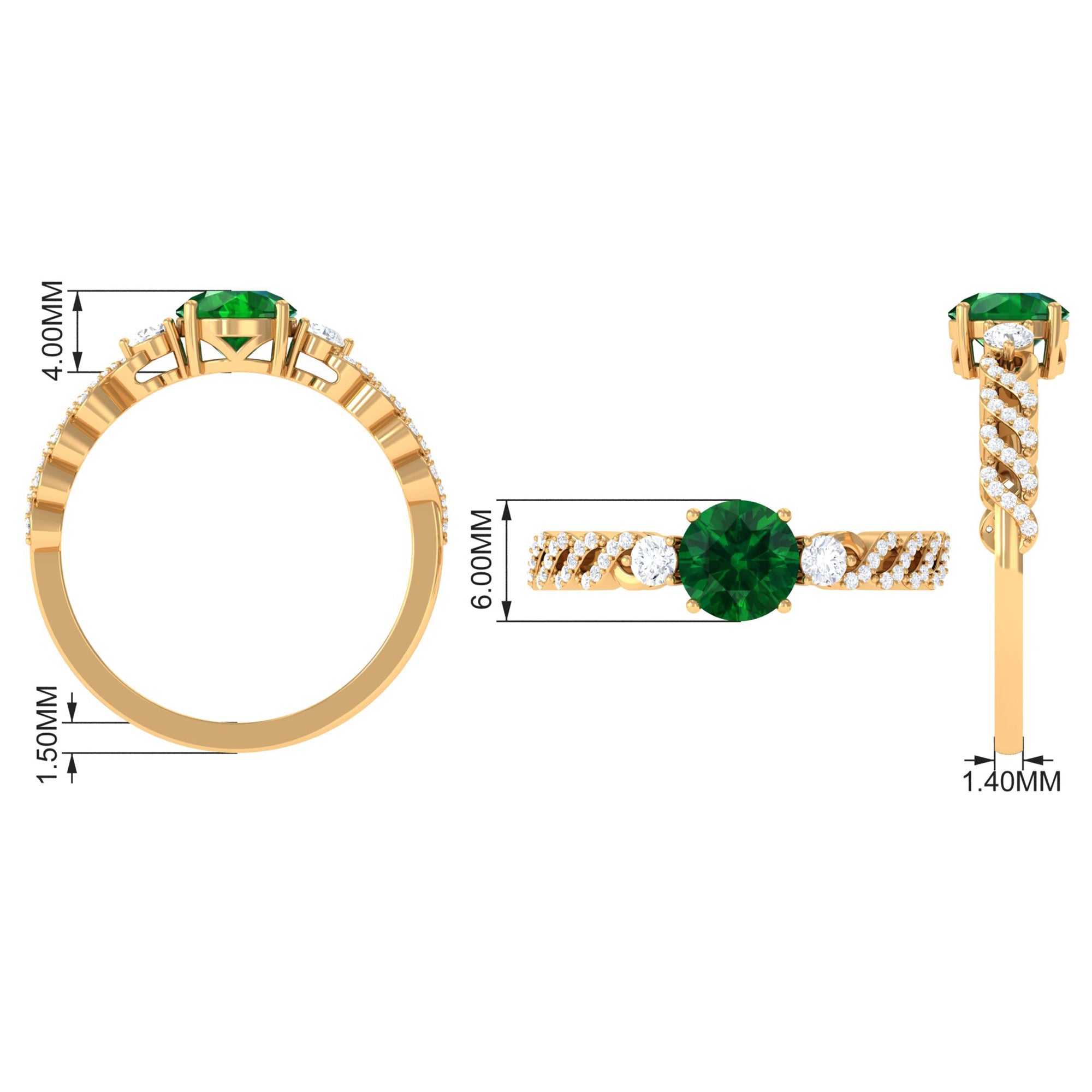 Round Shape Created Emerald Designer Engagement Ring with Diamond Side Stones Lab Created Emerald - ( AAAA ) - Quality - Rosec Jewels