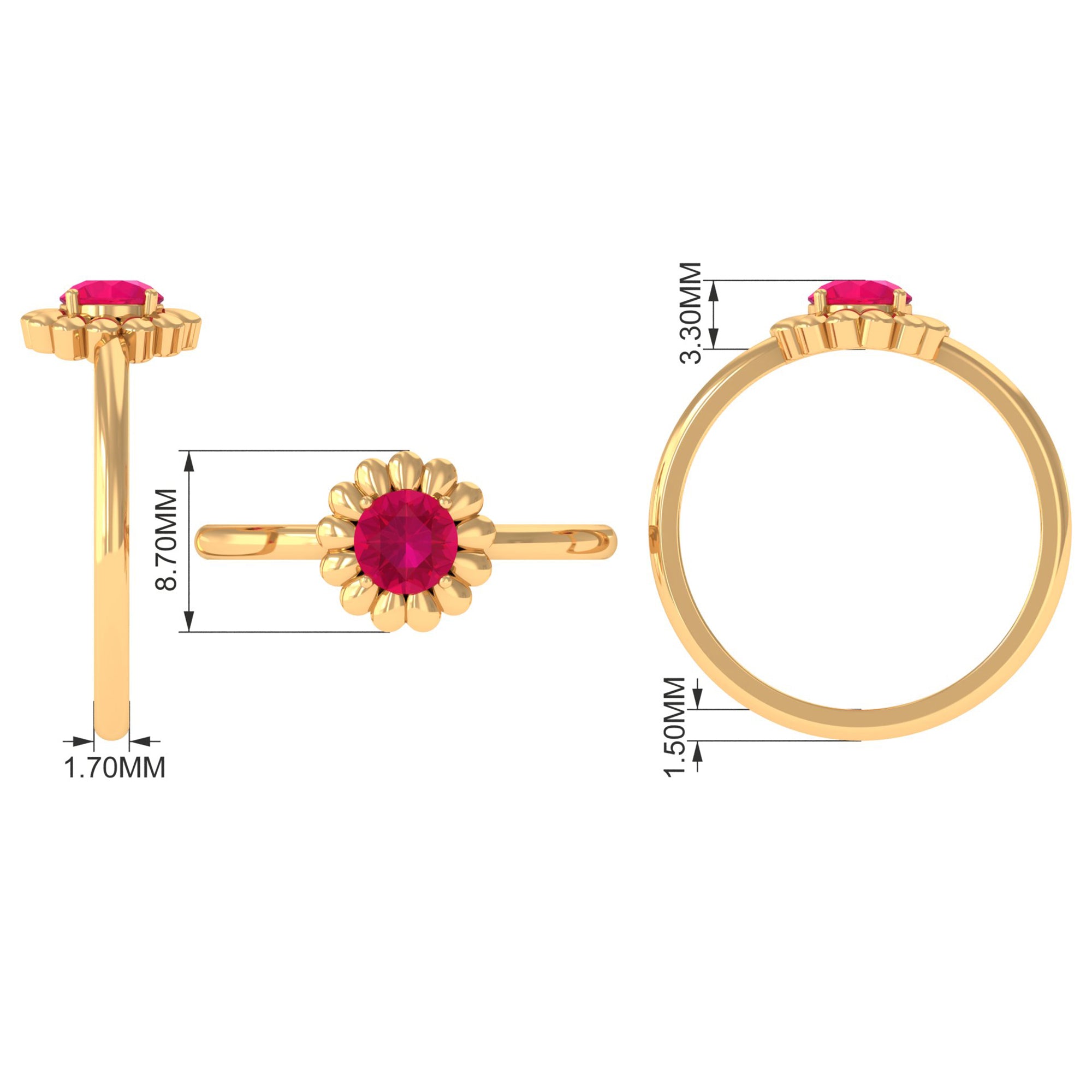 3/4 CT Round Cut Solitaire Ruby Gold Flower Ring Ruby - ( AAA ) - Quality - Rosec Jewels