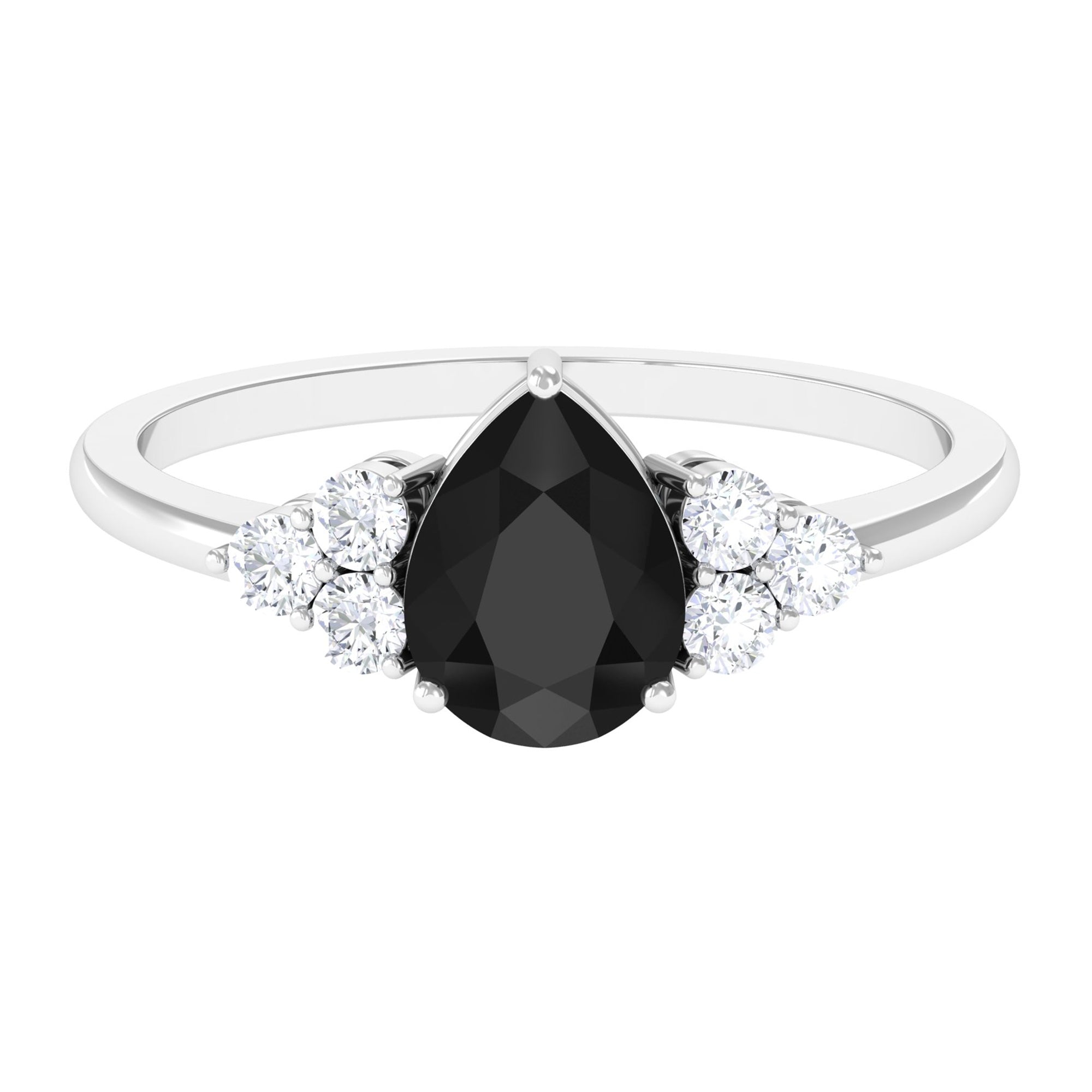 Pear Cut Created Black Diamond Solitaire Ring with Diamond Trio Lab Created Black Diamond - ( AAAA ) - Quality - Rosec Jewels