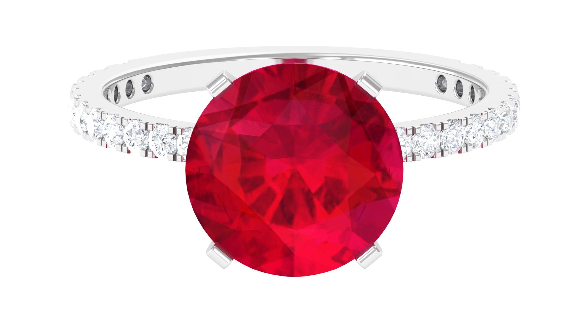 Created Ruby Solitaire Ring with Diamond Side Stones Lab Created Ruby - ( AAAA ) - Quality - Rosec Jewels