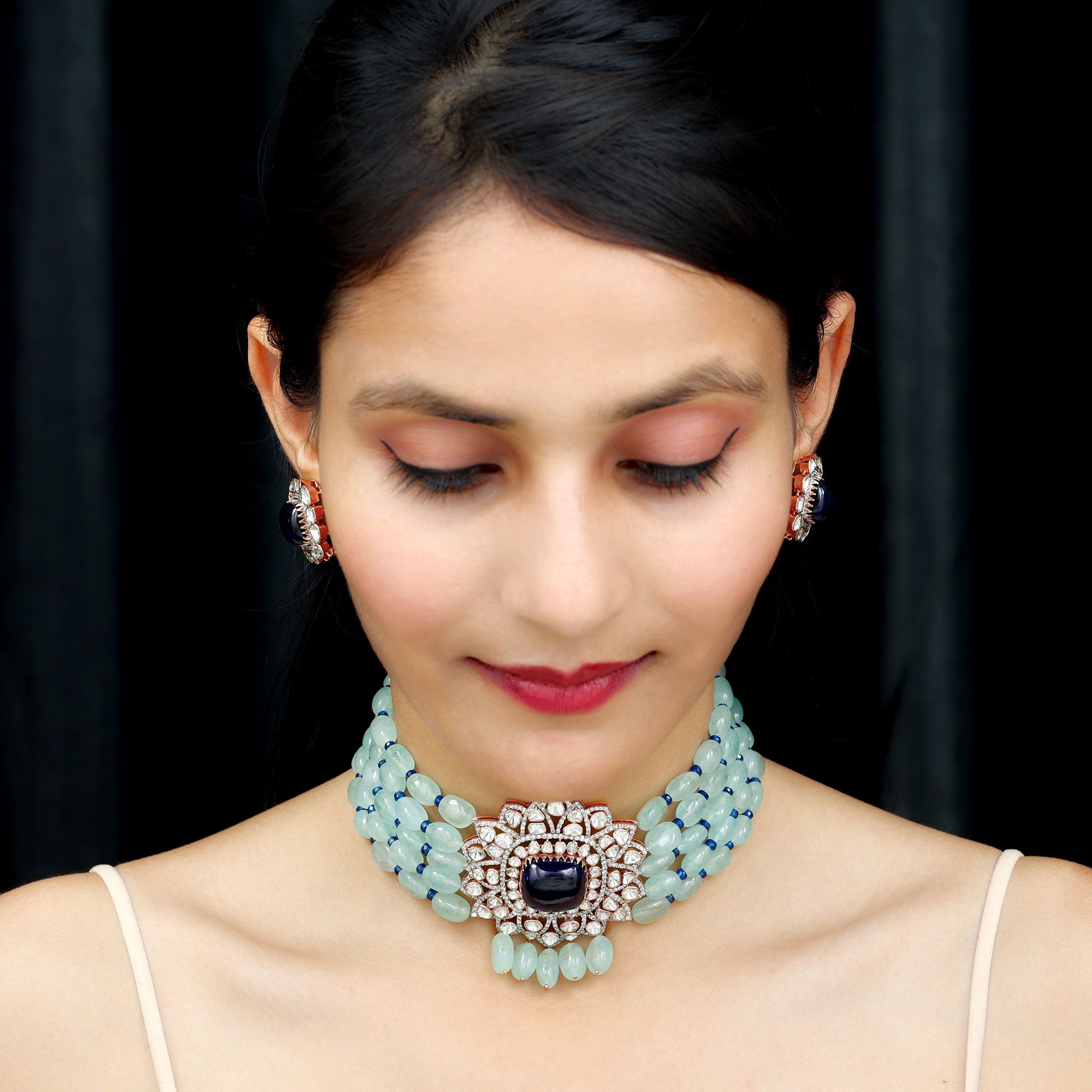 Created Tanzanite Polki Diamond Necklace Earrings Set with Created Blue Sapphire and Beryl - Rosec Jewels