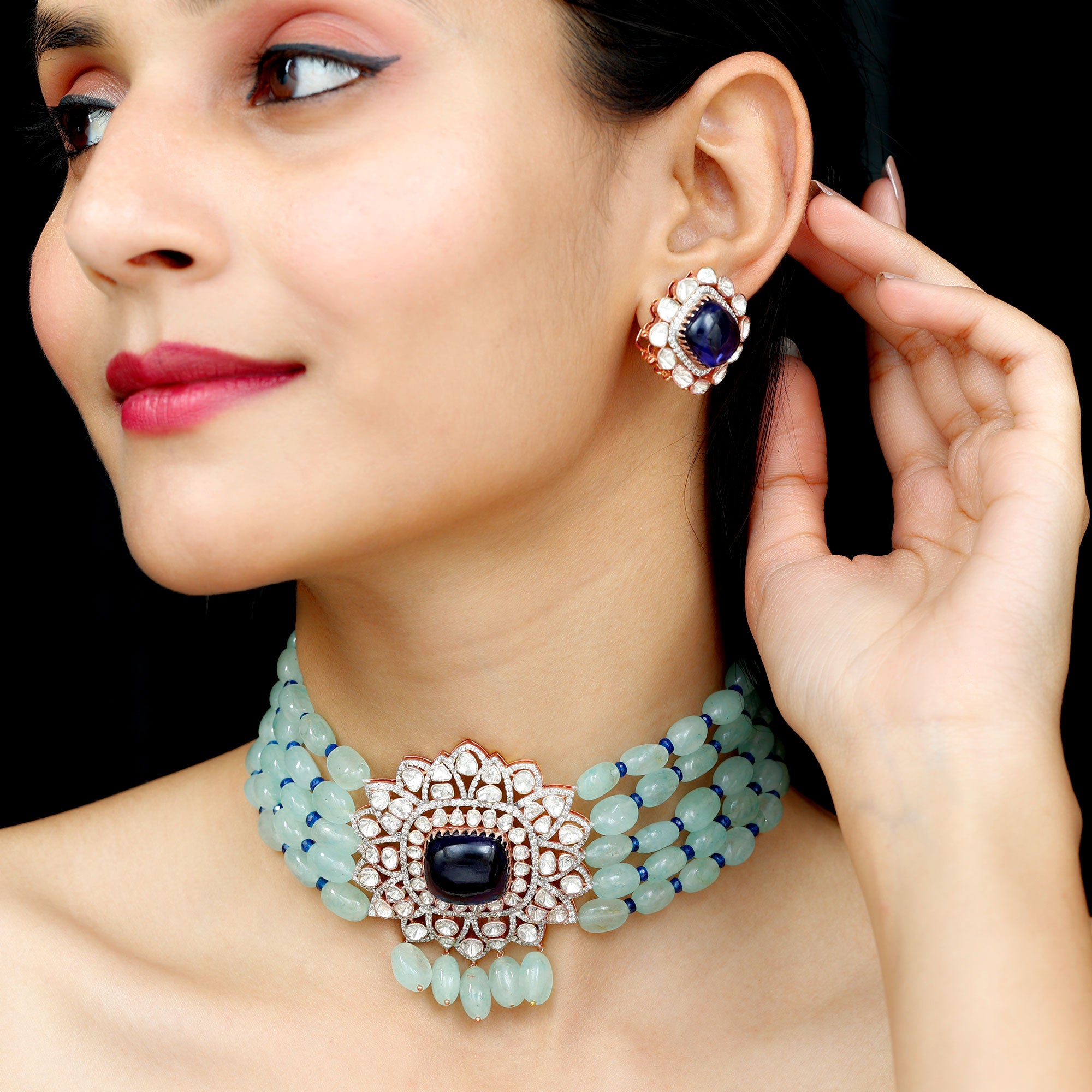 Created Tanzanite Polki Diamond Necklace Earrings Set with Created Blue Sapphire and Beryl - Rosec Jewels