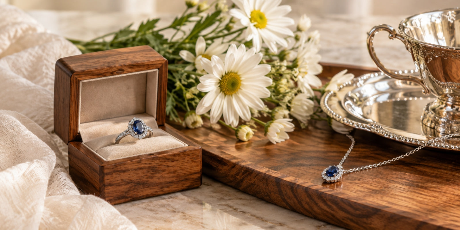 Elegant 5th anniversary still life with wooden keepsake box, sapphire ring and pendant, white daisies, and polished silver serving pieces.