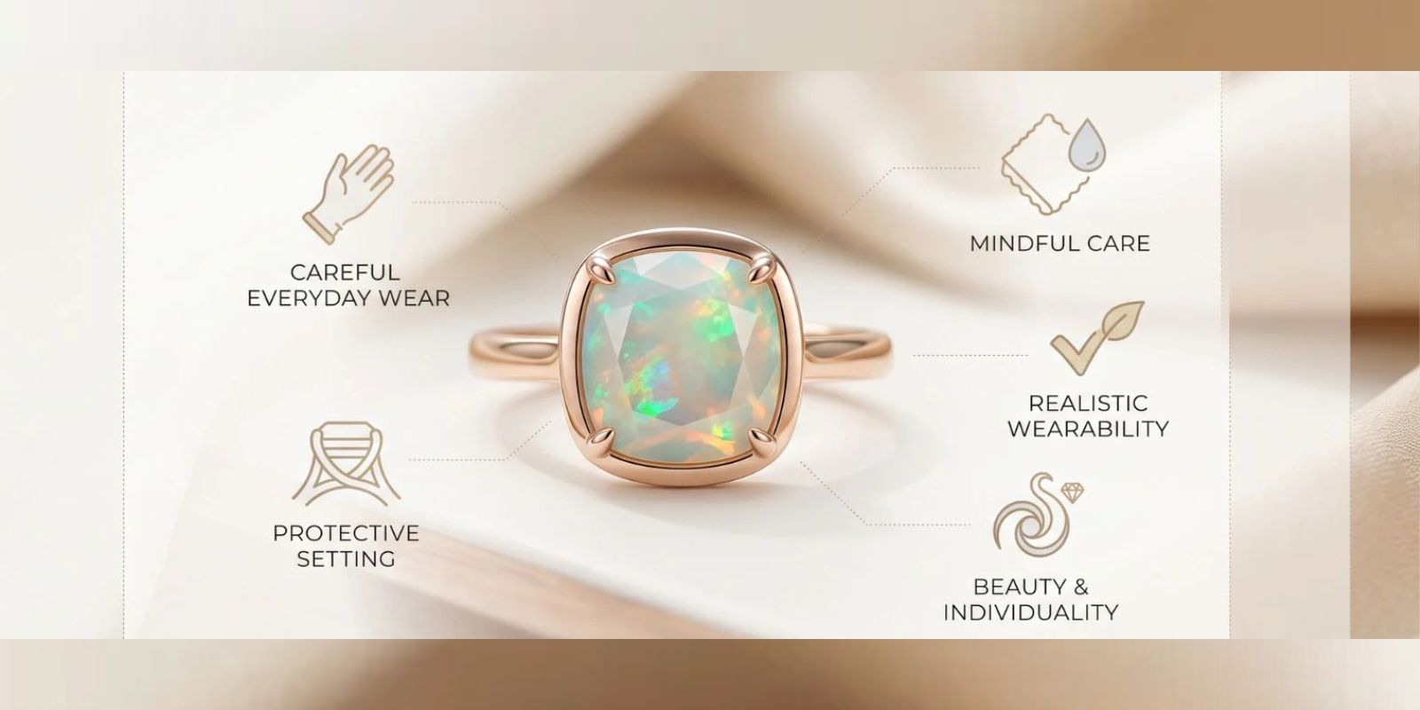 Infographic-style Ethiopian opal ring banner showing careful everyday wear, protective setting, mindful care, realistic wearability, and beauty with individuality.