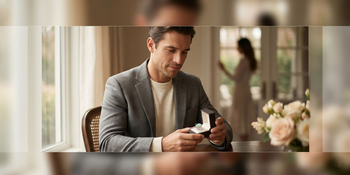 Thoughtful proposal buyer choosing a faceted Ethiopian opal engagement ring for a meaningful proposal