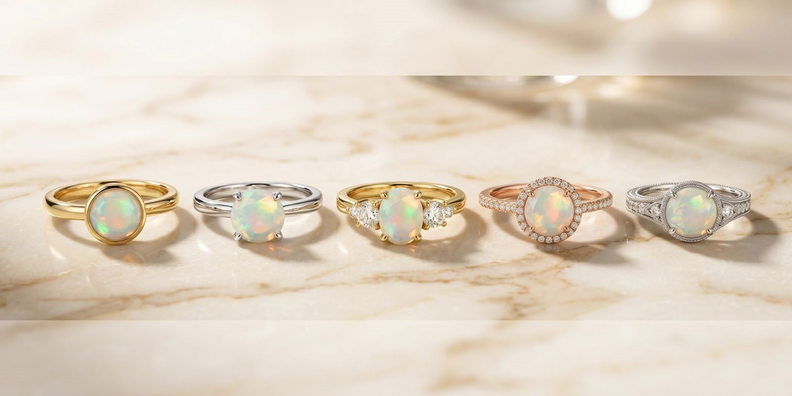 A horizontal lineup of five Ethiopian opal rings in various gold settings, including bezel, prong, three-stone, halo, and vintage styles, displayed on a marble surface to show different jewelry mounting options.