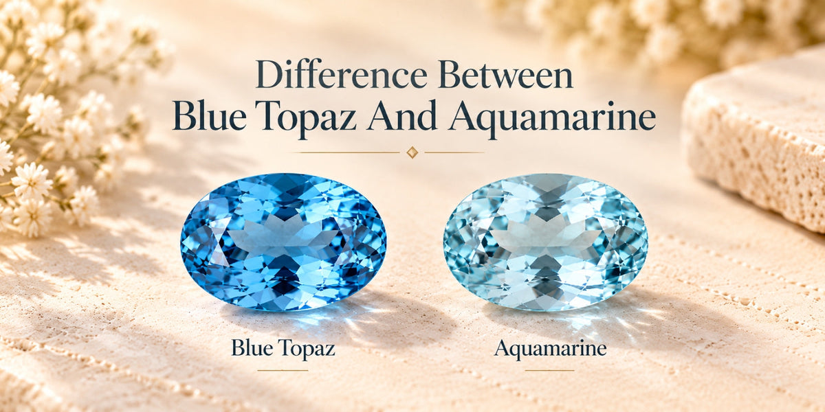 Blue topaz and aquamarine gemstones displayed side by side for a visual comparison of their blue color and appearance.