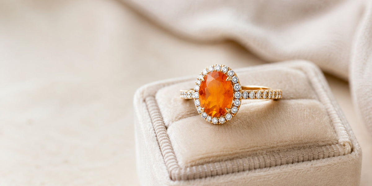Oval fire opal engagement ring with a diamond halo and yellow gold band displayed on an ivory velvet ring box.