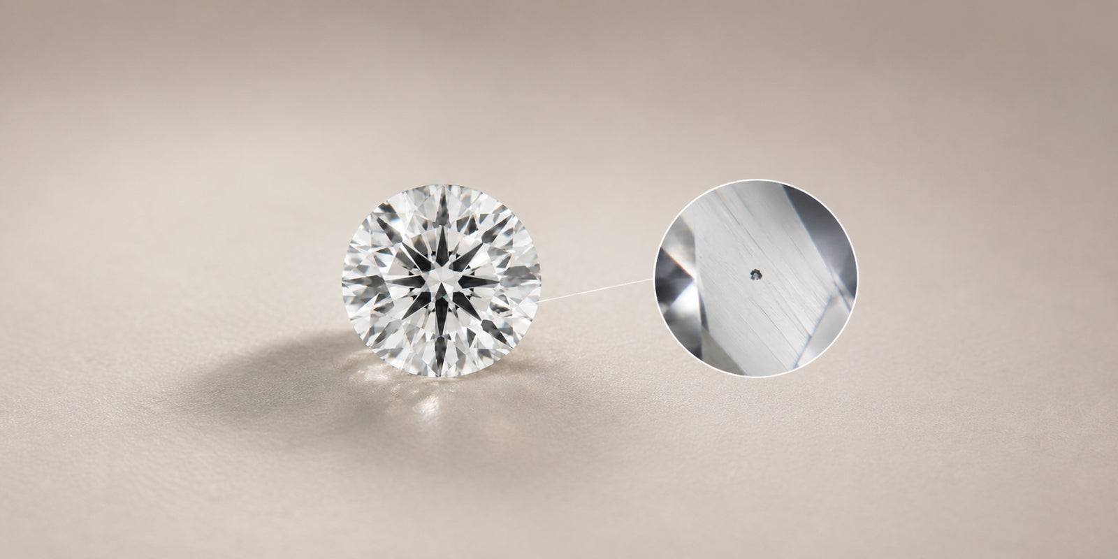 Round brilliant lab-grown diamond beside a magnified inset showing subtle internal growth lines and a tiny dark inclusion.