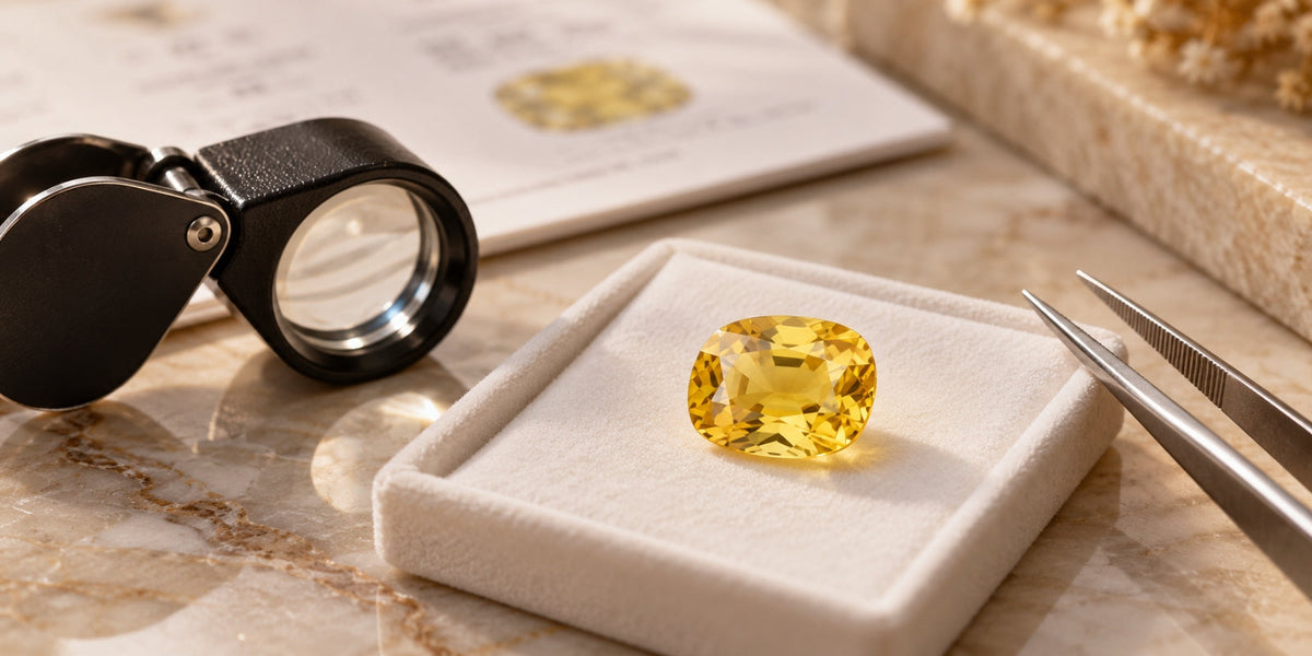 Loose golden-yellow sapphire on a cream gem tray beside a jeweler’s loupe, precision tweezers, and blurred gemological document.