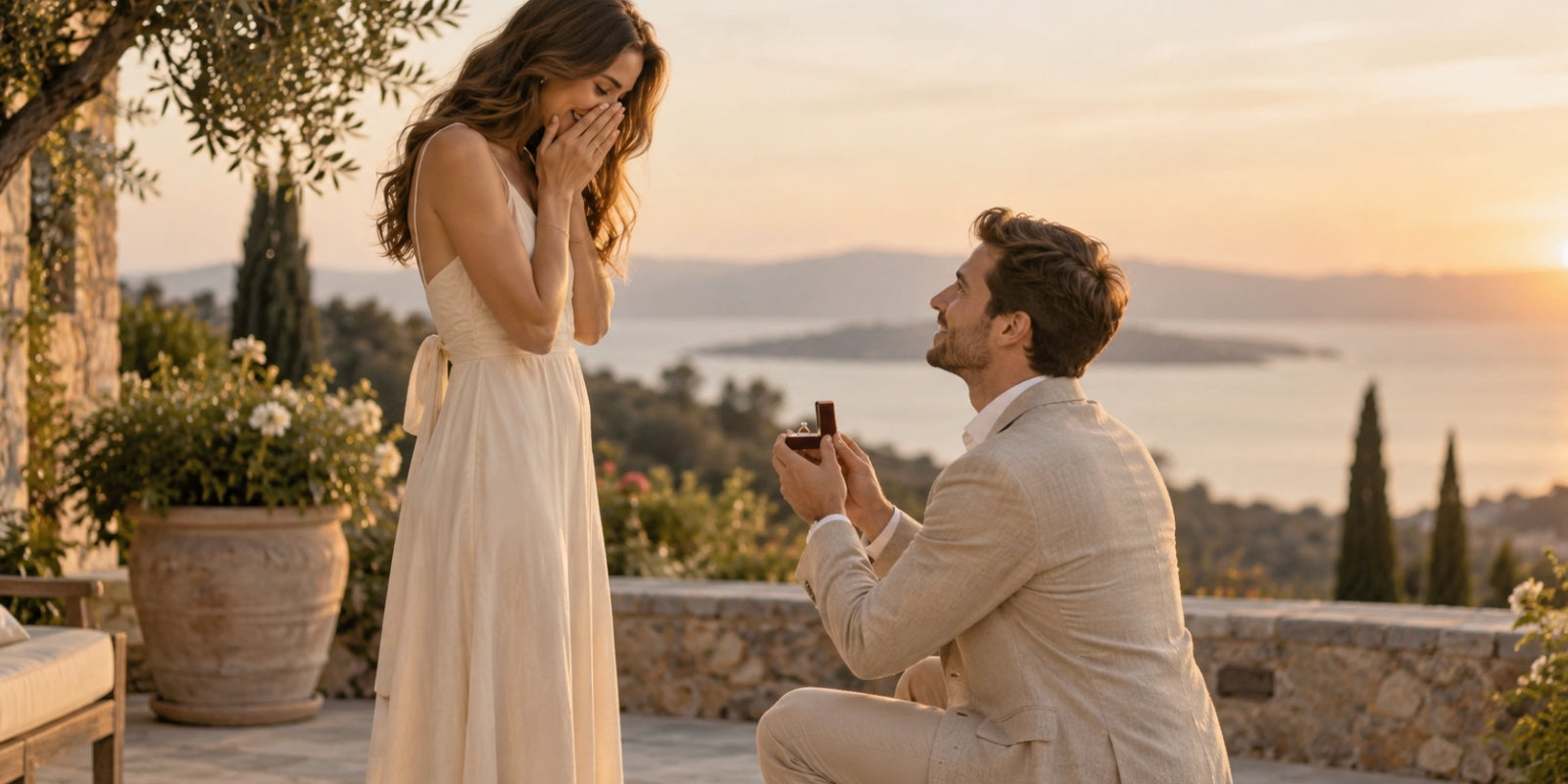Man kneels with an engagement ring box while proposing to his surprised partner on a romantic terrace at golden hour.