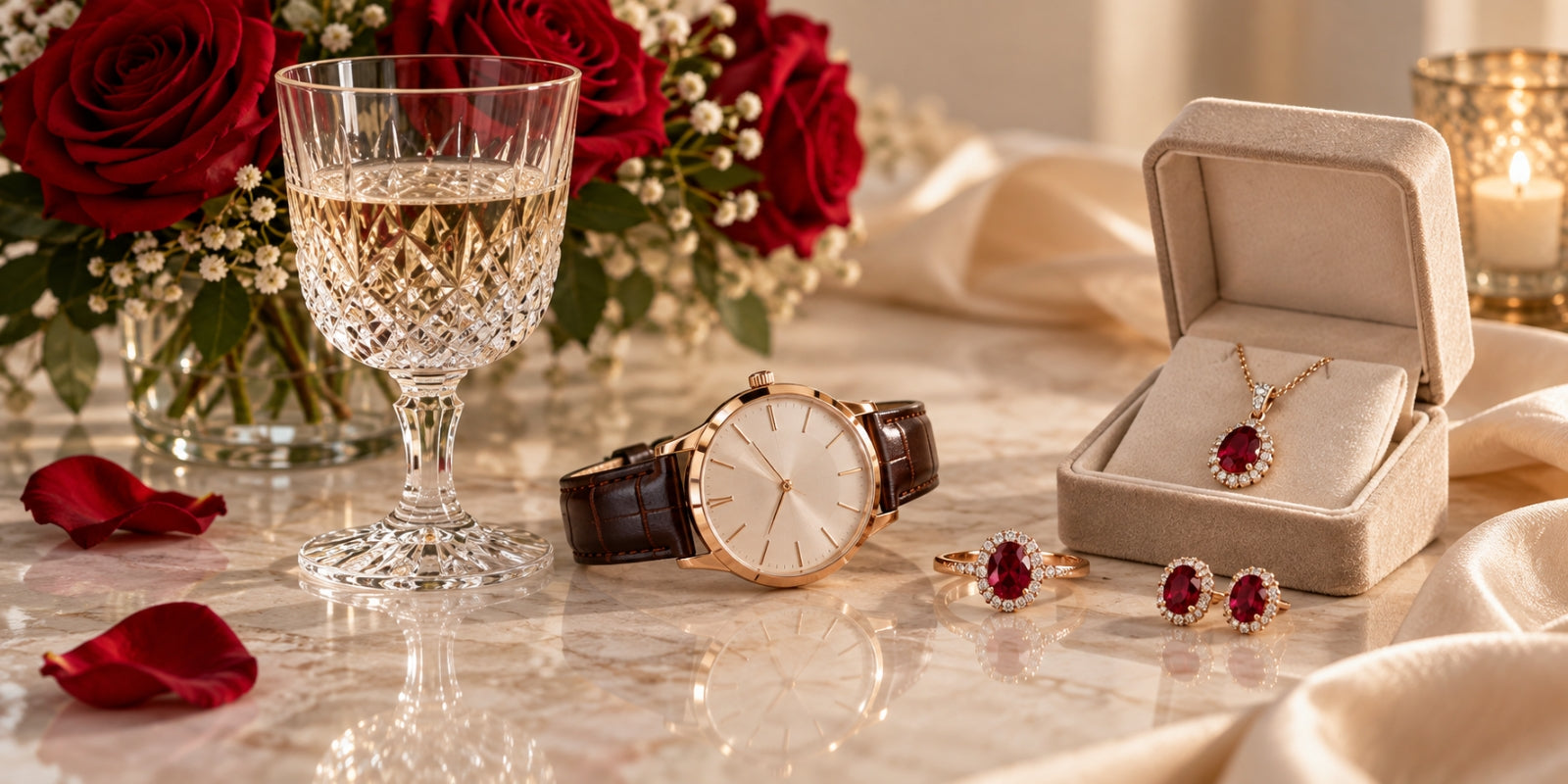 Luxury 15th anniversary still life featuring crystal glassware, an elegant watch, ruby jewelry, red roses, and a jewelry box.