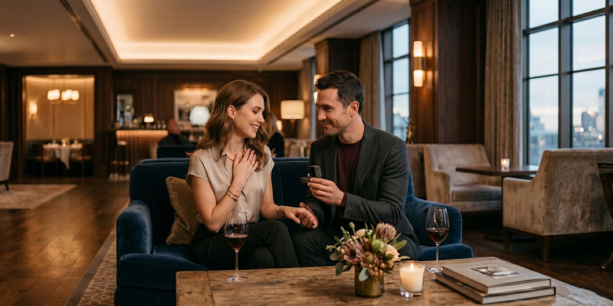 Elegant couple seated together in a softly lit lounge as one partner presents a small ring box, capturing a calm and intimate promise ring moment.