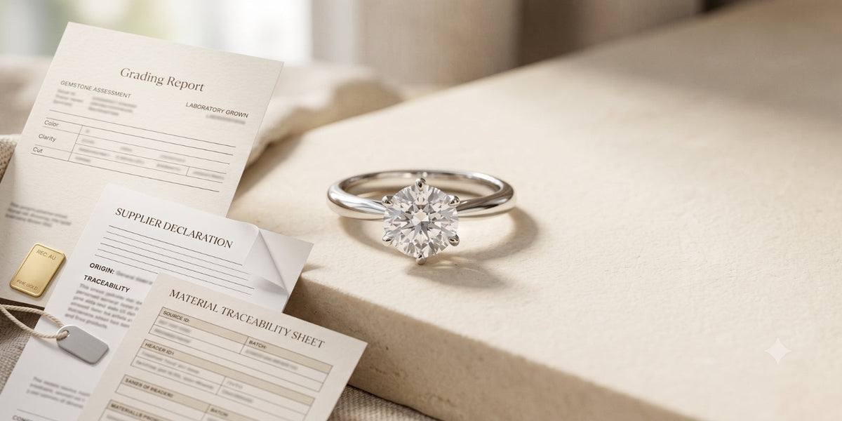 A white-gold diamond ring rests on an ivory surface beside a grading report, supplier declaration, traceability sheet, and recycled-gold sample, with open space for a heading.