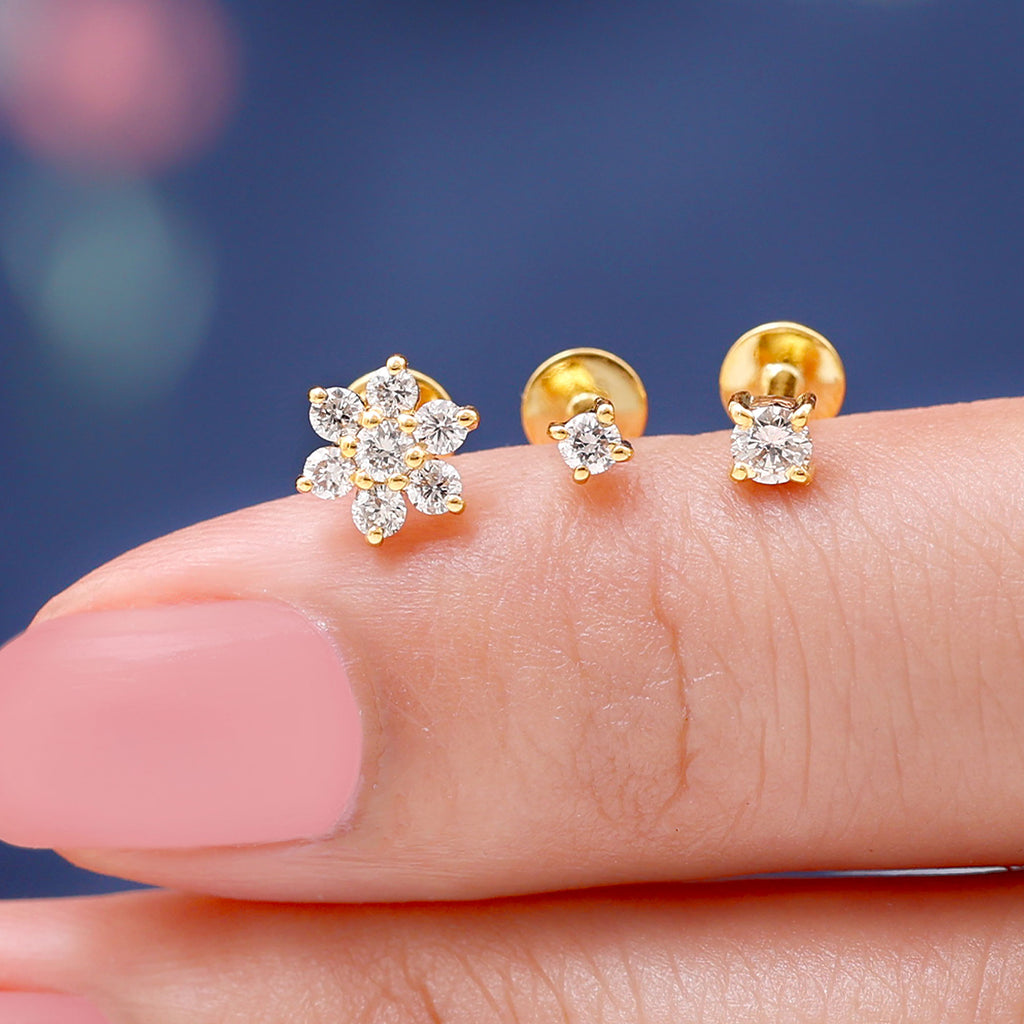 Moissanite Flower Triple Earrings Set for Cartilage Piercing Moissanite - ( D-VS1 ) - Color and Clarity - Rosec Jewels