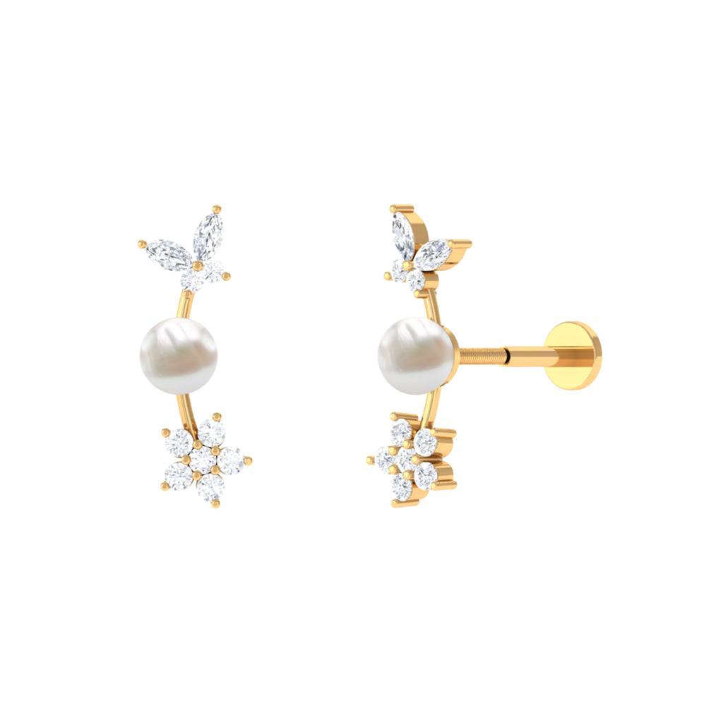 Nature Inspired Freshwater Pearl and Moissanite Crawler Earring Freshwater Pearl - ( AAA ) - Quality - Rosec Jewels