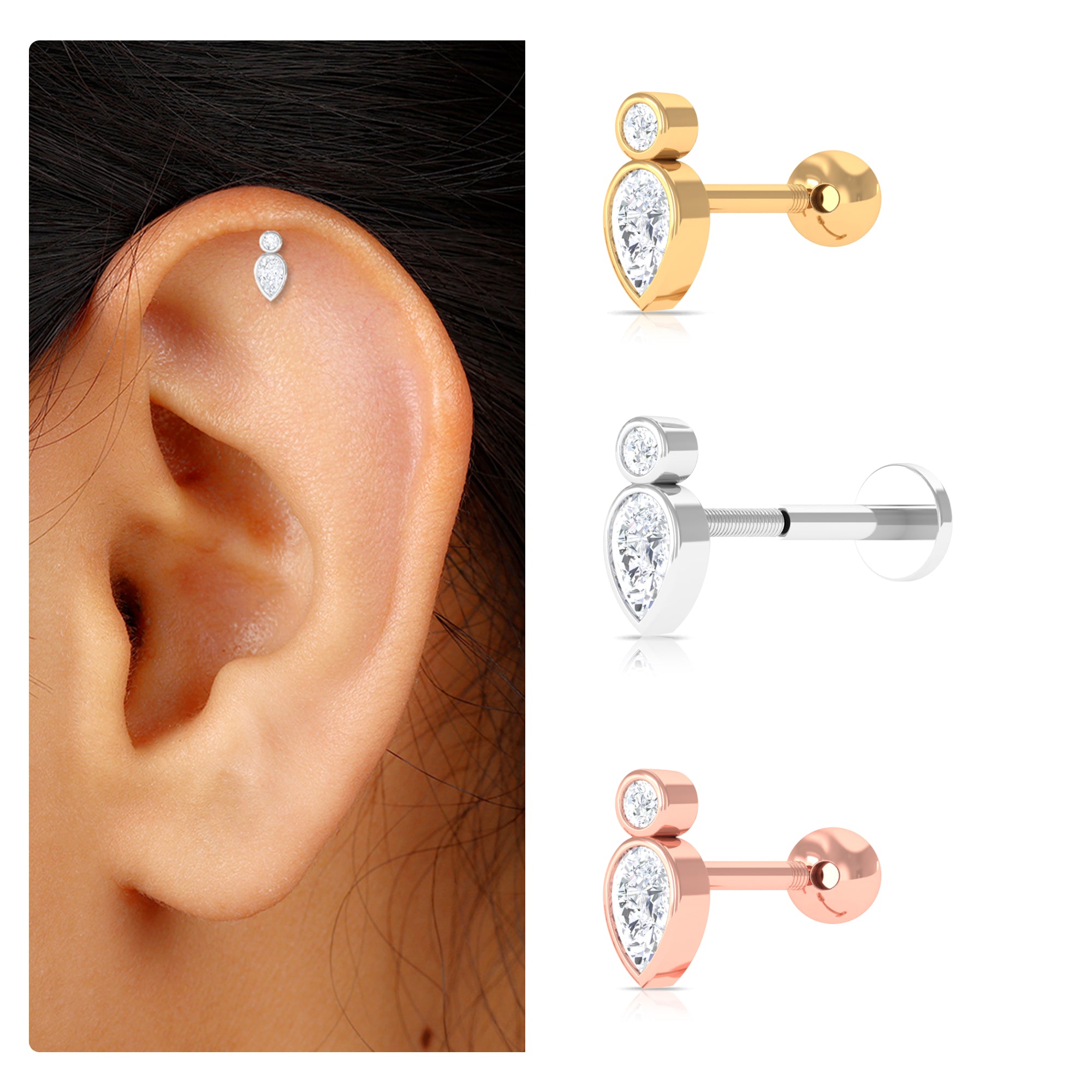Pear and Round Moissanite Dainty Tragus Earring D-VS1 - Rosec Jewels