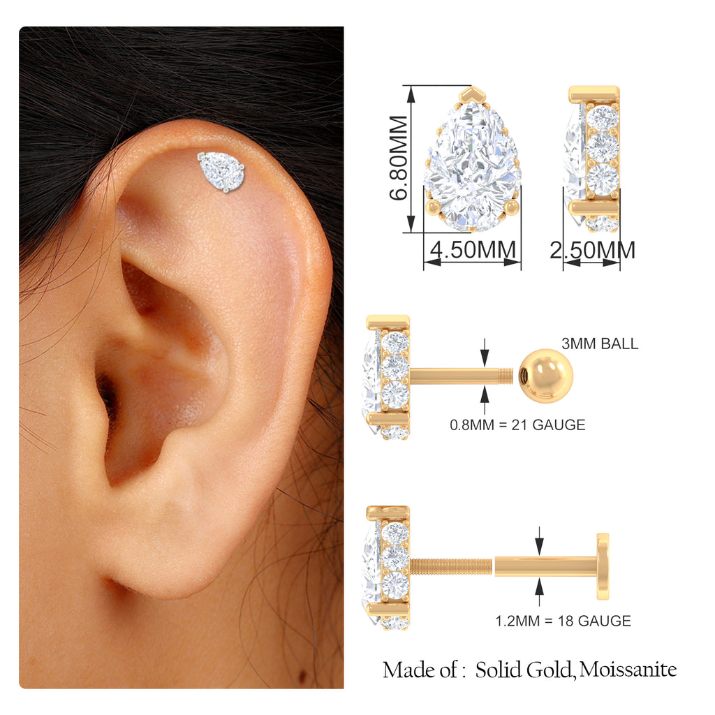 Certified Moissanite Teardrop Helix Earring in Gold Moissanite - ( D-VS1 ) - Color and Clarity - Rosec Jewels