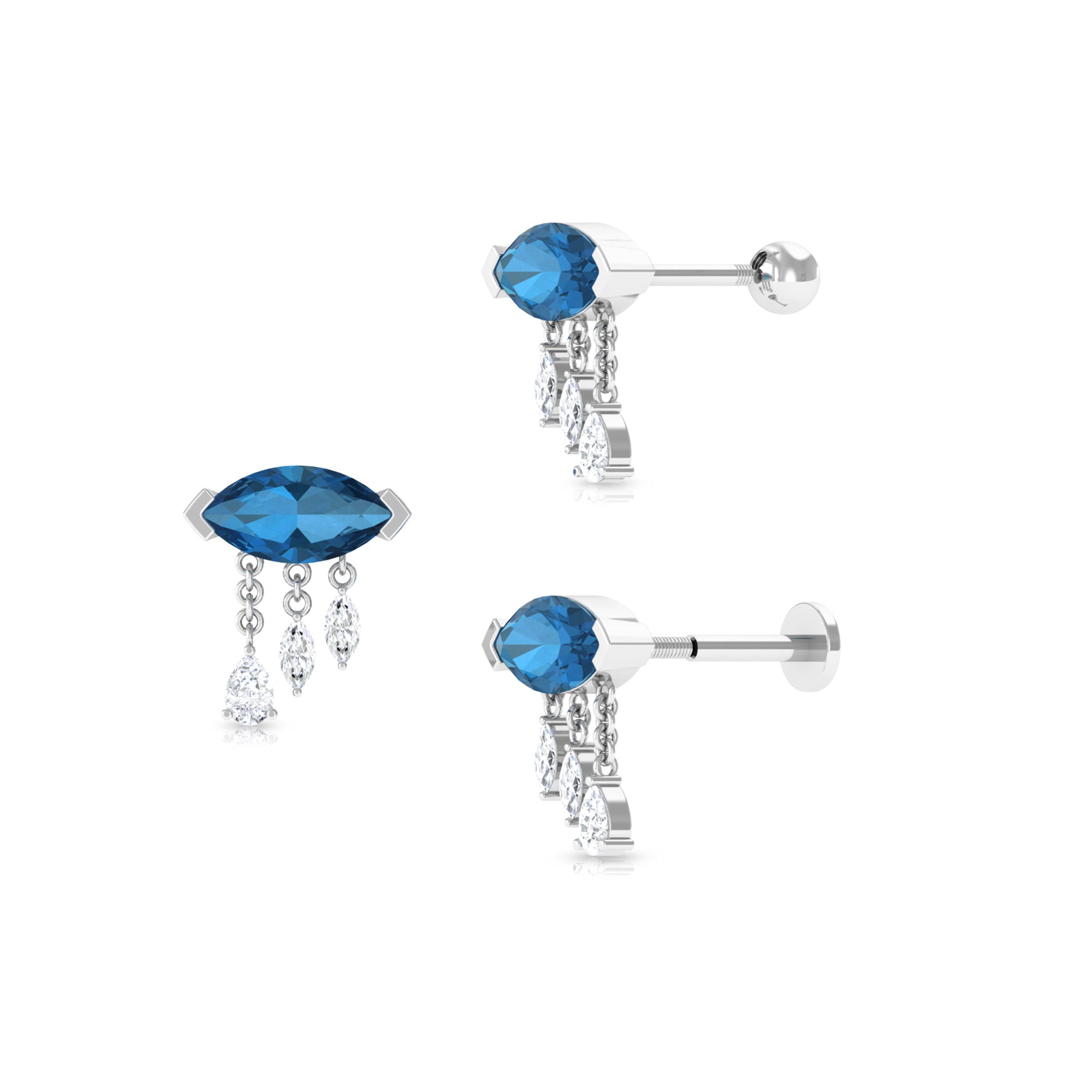 London Blue Topaz Cartilage Earring with Dangling Moissanite London Blue Topaz - ( AAA ) - Quality - Rosec Jewels