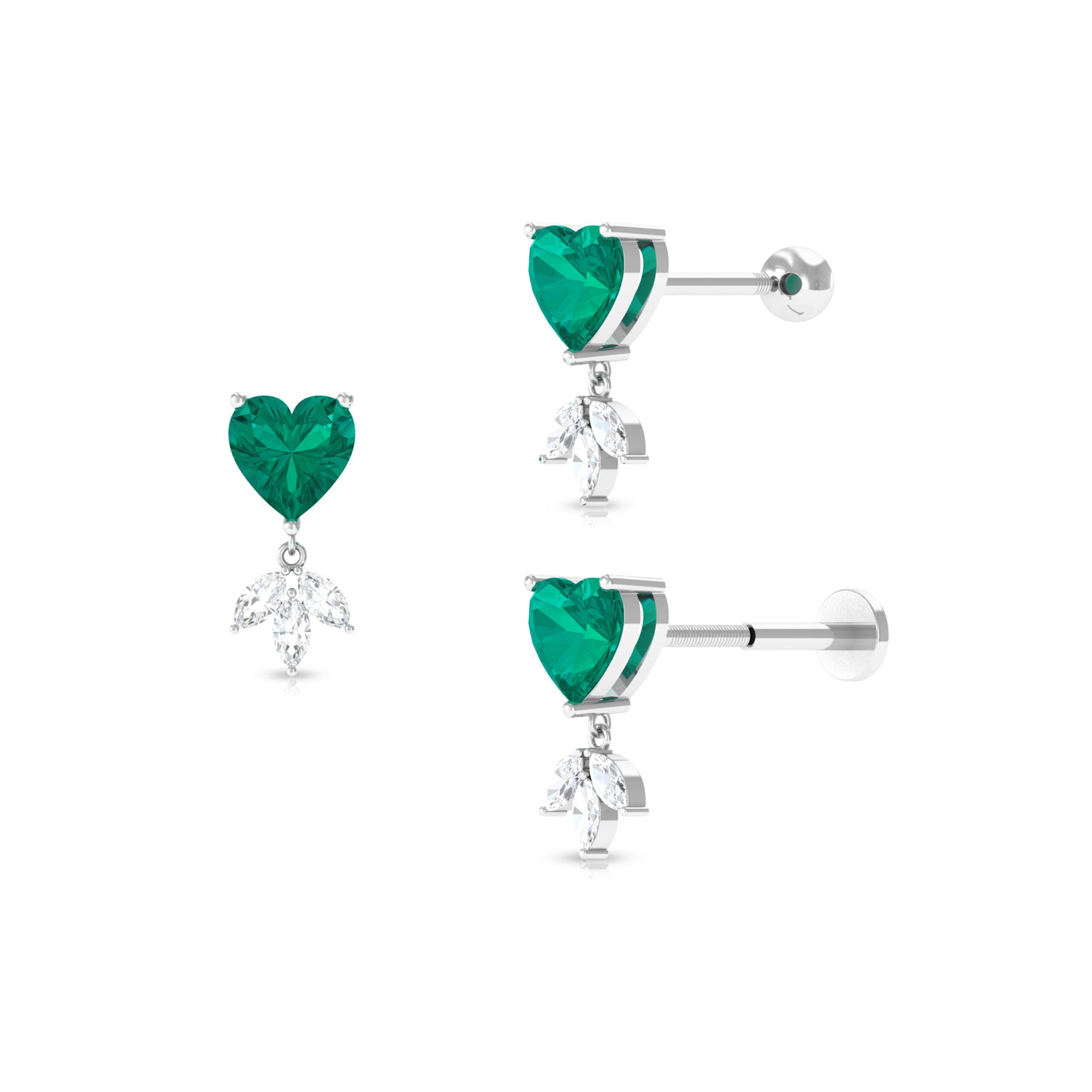 Heart Created Emerald and Moissanite Helix Drop Earring Lab Created Emerald - ( AAAA ) - Quality - Rosec Jewels