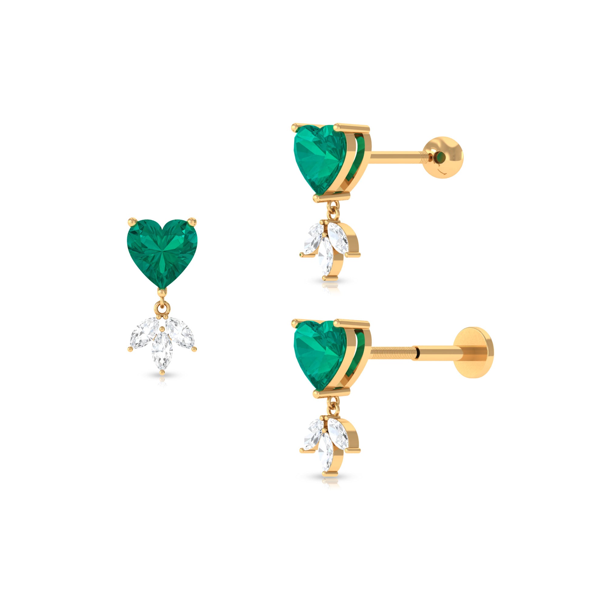 Heart Created Emerald and Moissanite Helix Drop Earring Lab Created Emerald - ( AAAA ) - Quality - Rosec Jewels