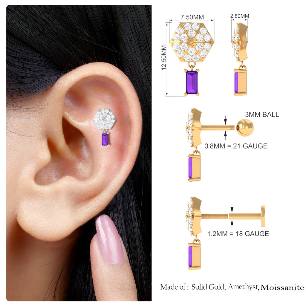 Baguette Amethyst Cartilage Drop Earring with Moissanite Amethyst - ( AAA ) - Quality - Rosec Jewels