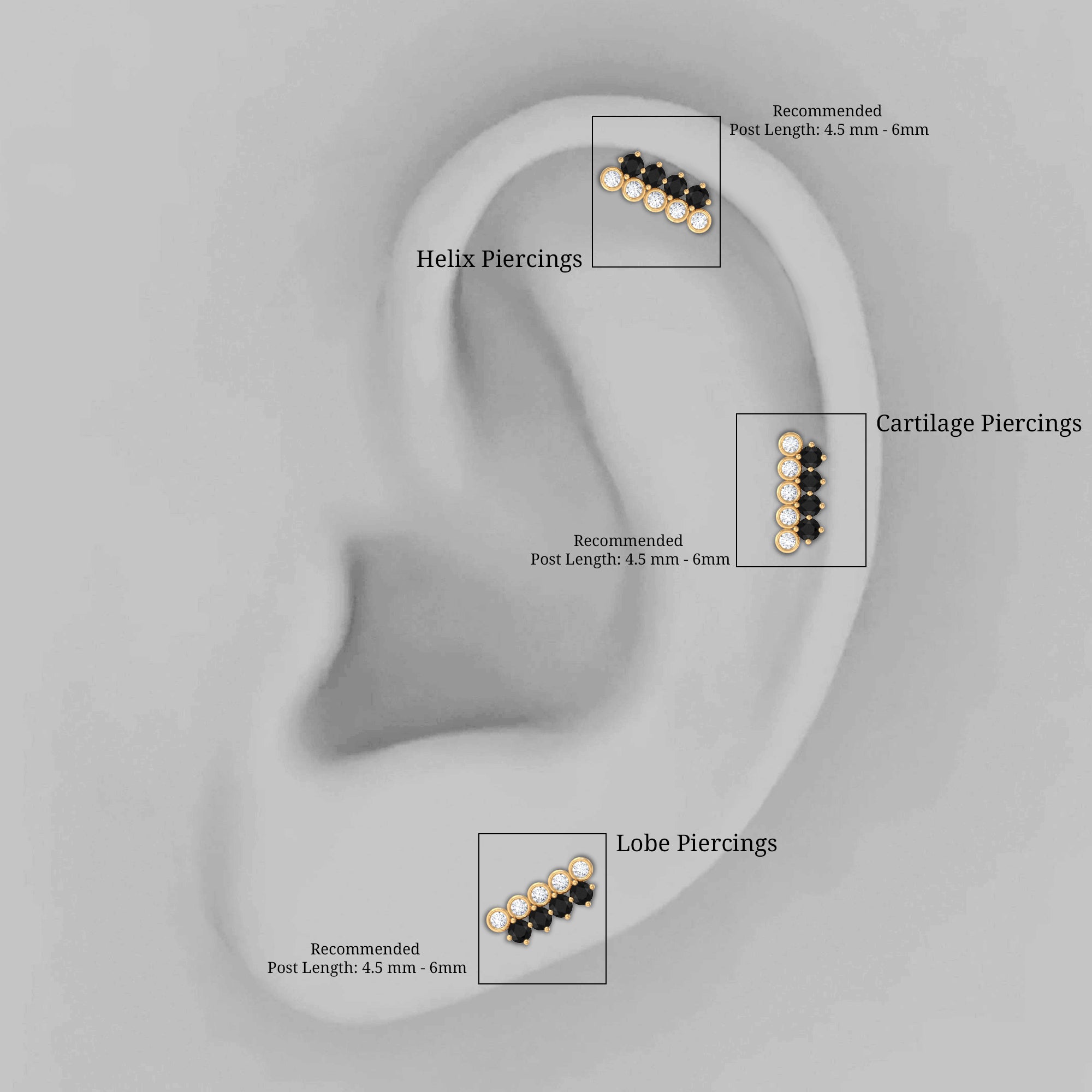 Minimal Black Onyx and Diamond Bar Cartilage Earring AAA - Rosec Jewels