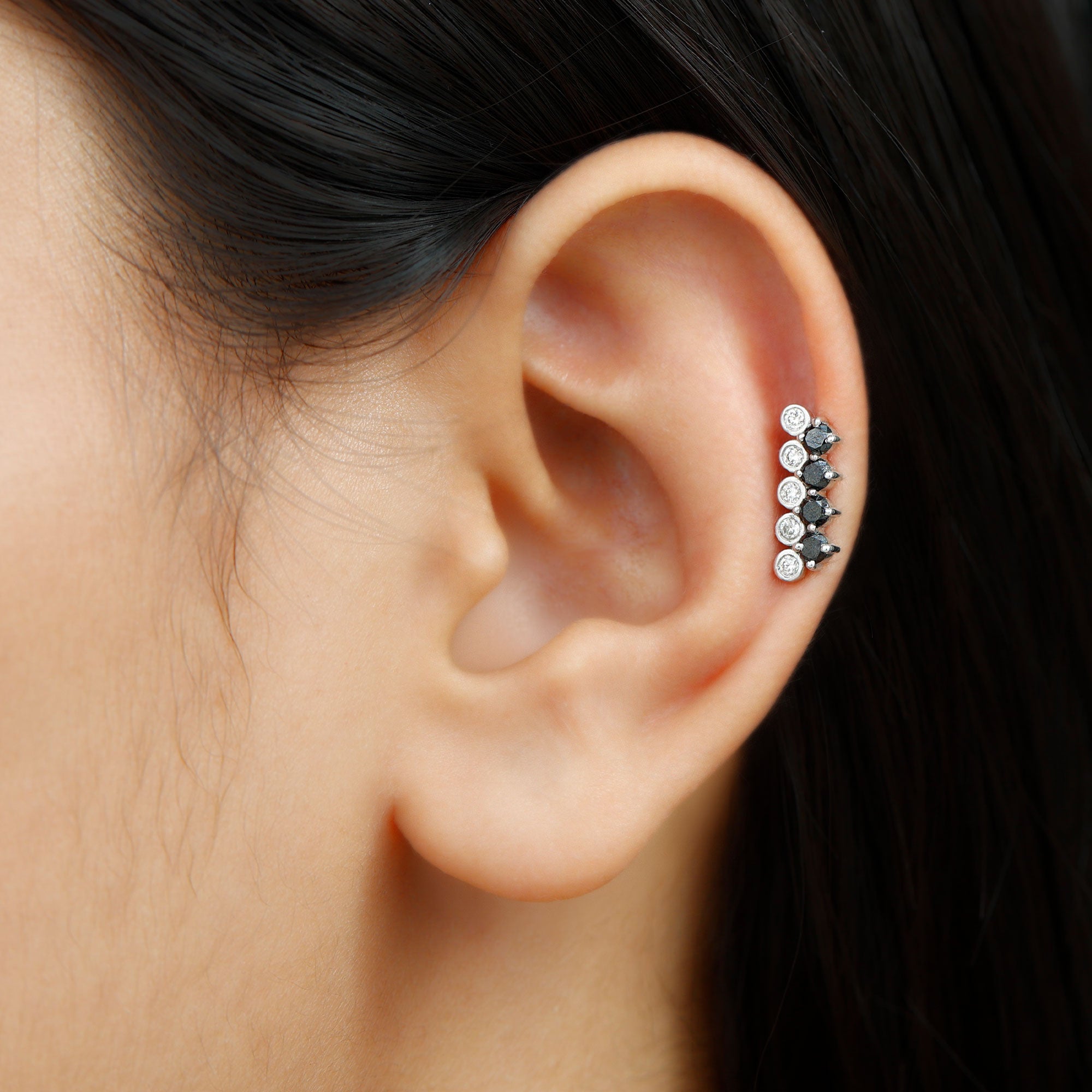 Minimal Black Onyx and Diamond Bar Cartilage Earring AAA - Rosec Jewels