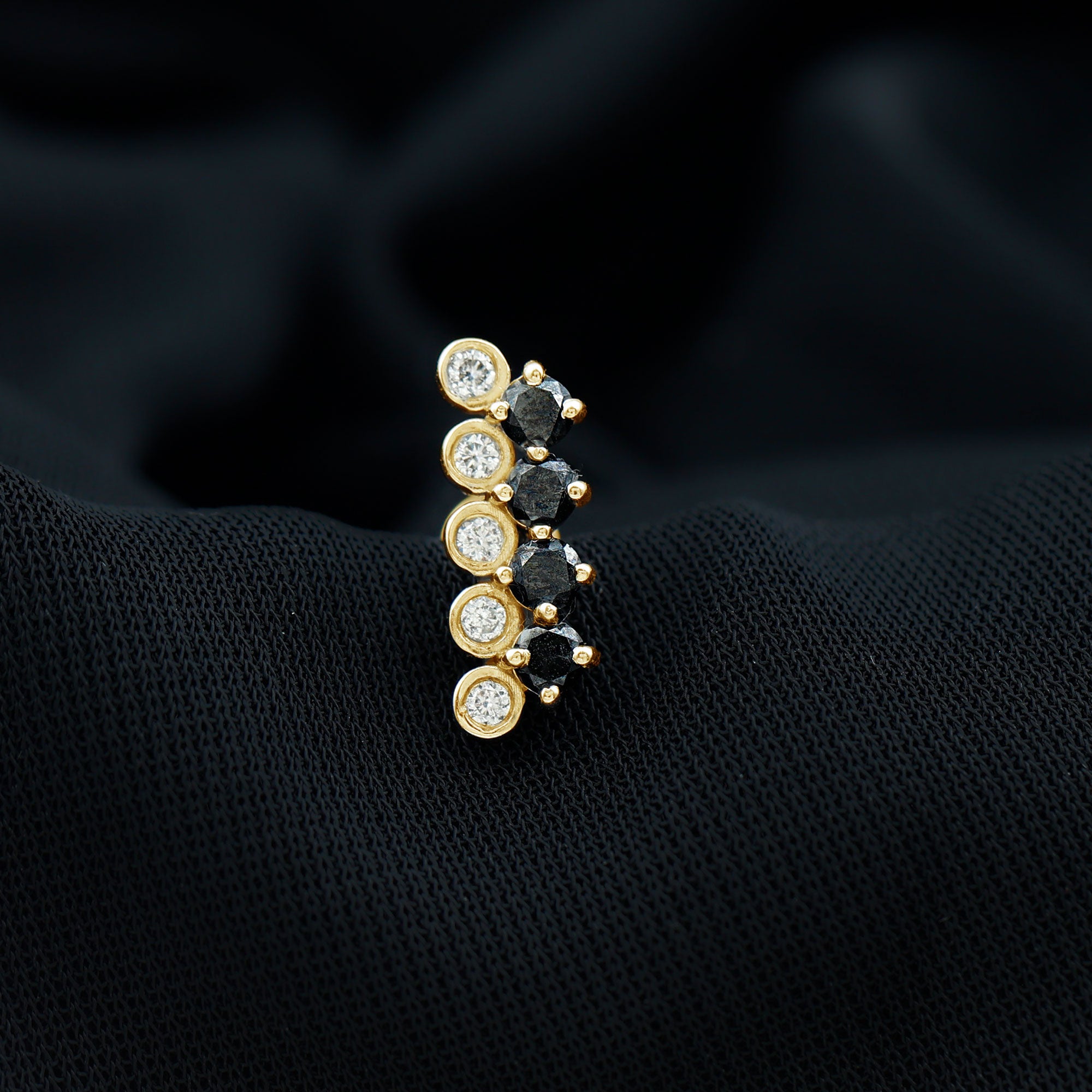 Minimal Black Onyx and Diamond Bar Cartilage Earring AAA - Rosec Jewels