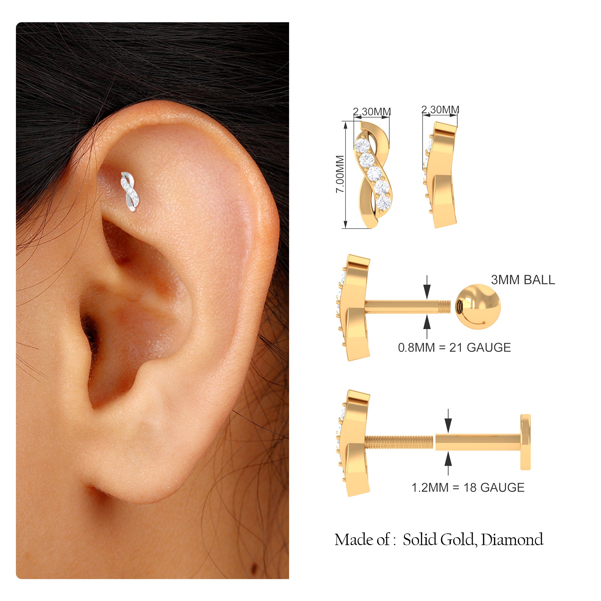 Real Diamond Infinity Tragus Earring for Women Natural - ( HI-SI ) - Rosec Jewels