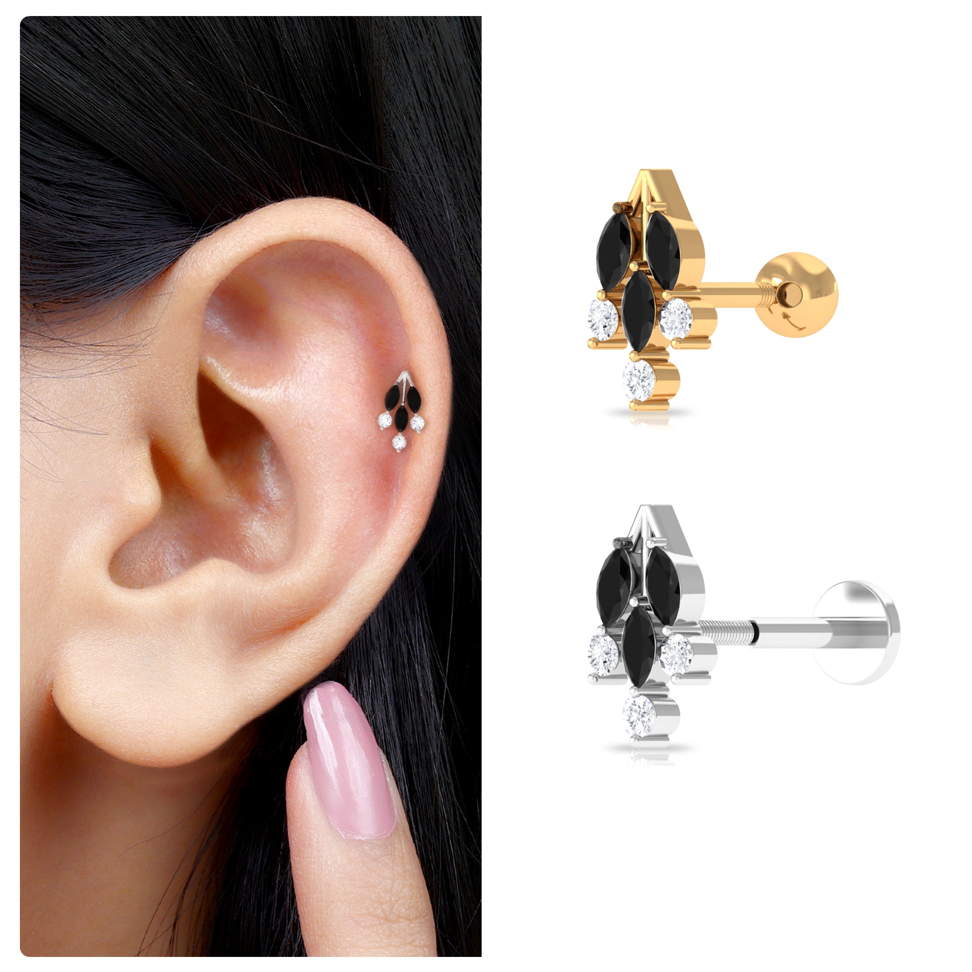 Marquise Black Onyx Leaf Cartilage Earring with Certificate AAA - Rosec Jewels