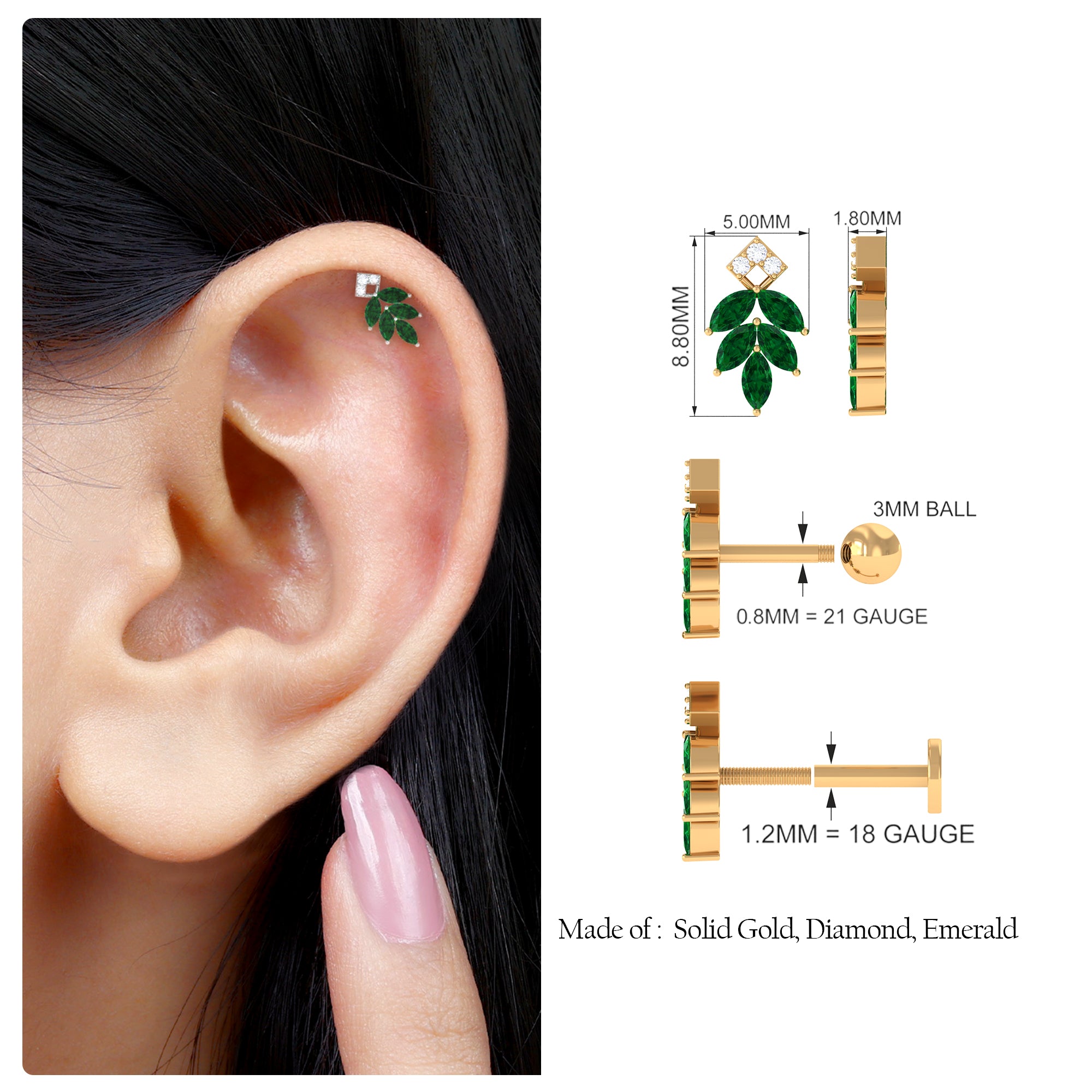 Real Emerald and Diamond Leaf Cartilage Earring AAA - Rosec Jewels
