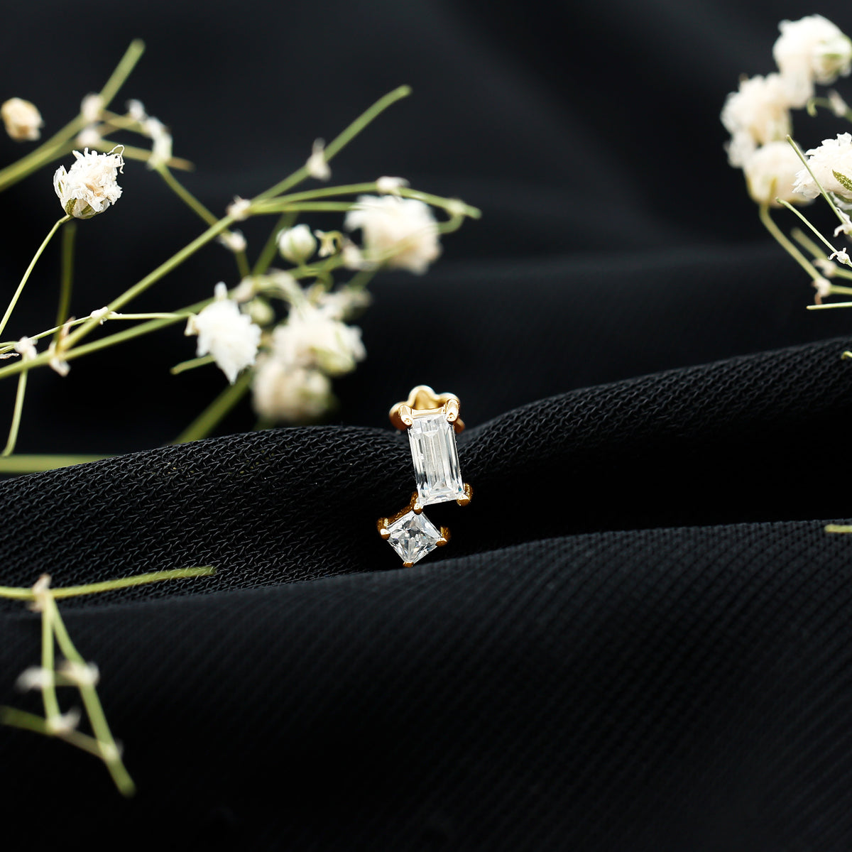 Baguette and Princess Cut Moissanite 2 Stone Helix Earring D-VS1 - Rosec Jewels