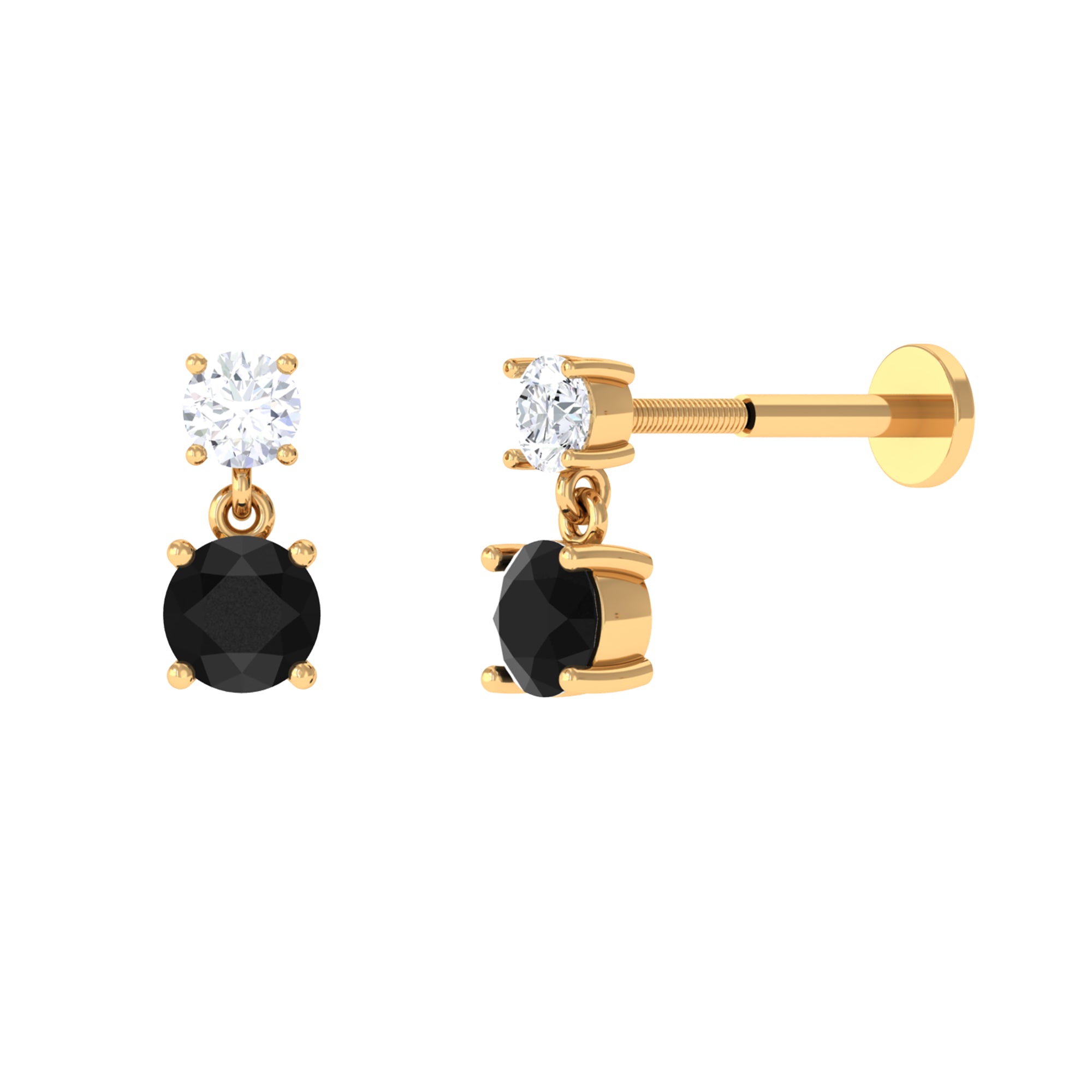 Round Black Onyx and Moissanite Helix Drop Earring Black Onyx - ( AAA ) - Quality - Rosec Jewels