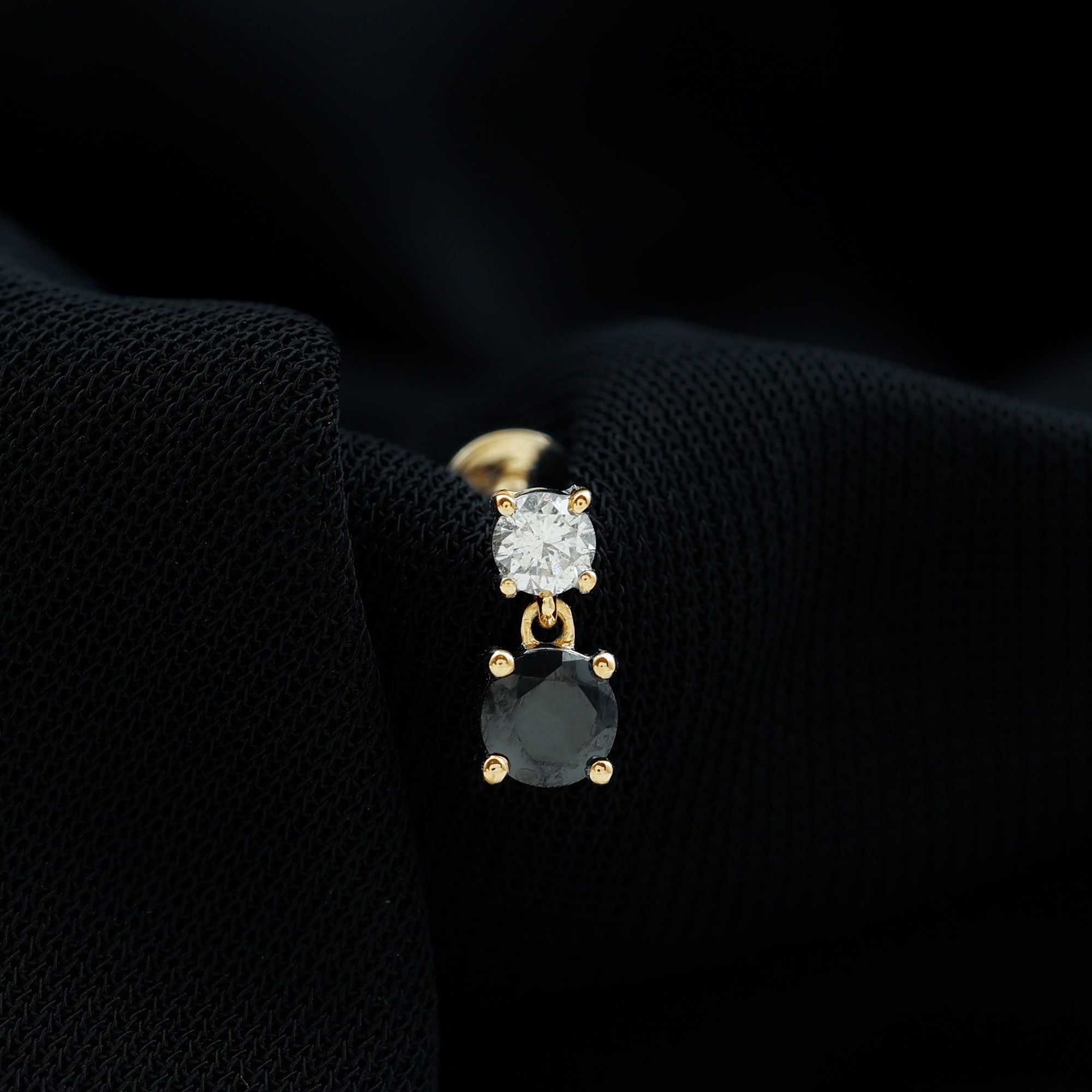 Round Black Onyx and Diamond Helix Drop Earring AAA - Rosec Jewels