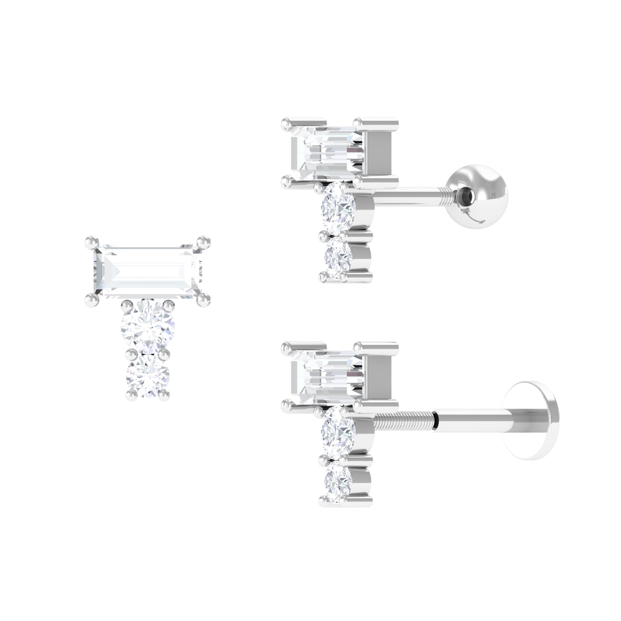 Baguette Moissanite Three Stone Cartilage Earring in Gold Moissanite - ( D-VS1 ) - Color and Clarity - Rosec Jewels