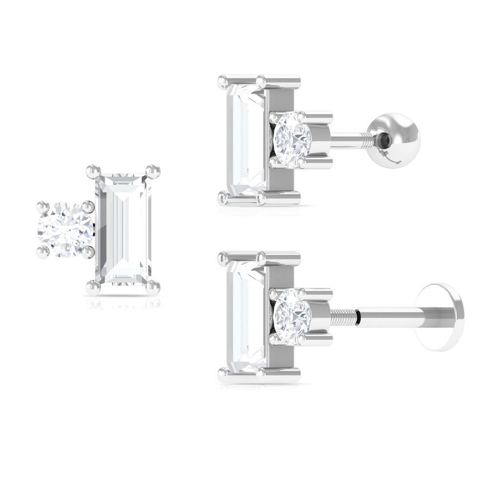 Baguette and Round Moissanite Two Stone Helix Earring Moissanite - ( D-VS1 ) - Color and Clarity - Rosec Jewels