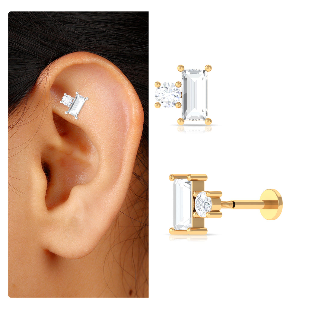 Baguette and Round Moissanite Two Stone Helix Earring Moissanite - ( D-VS1 ) - Color and Clarity - Rosec Jewels