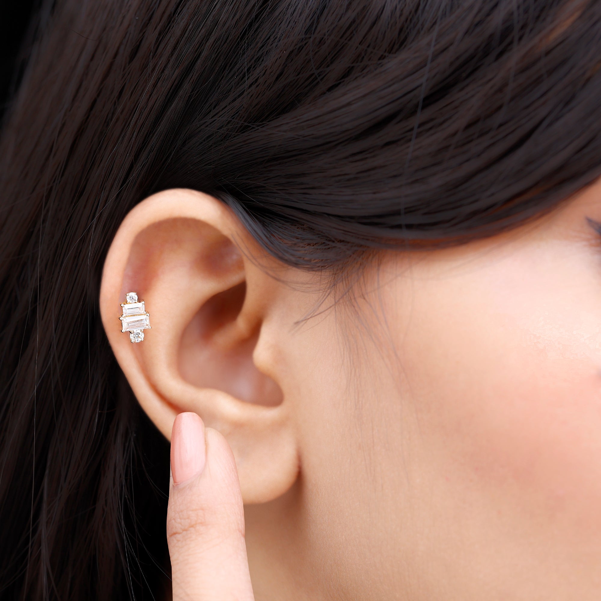Baguette Moissanite Designer Earring for Helix Piercing Moissanite - ( D-VS1 ) - Color and Clarity - Rosec Jewels